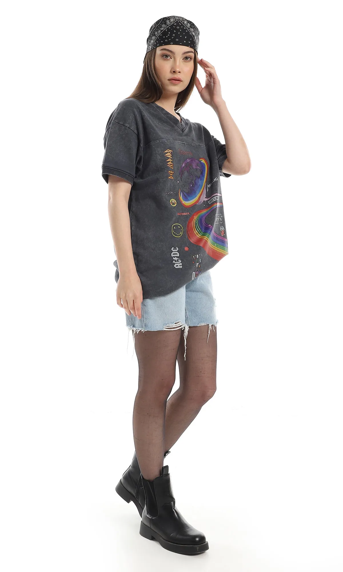 97775 V-Neck Printed Loose Slip On T-Shirt - Heather Black