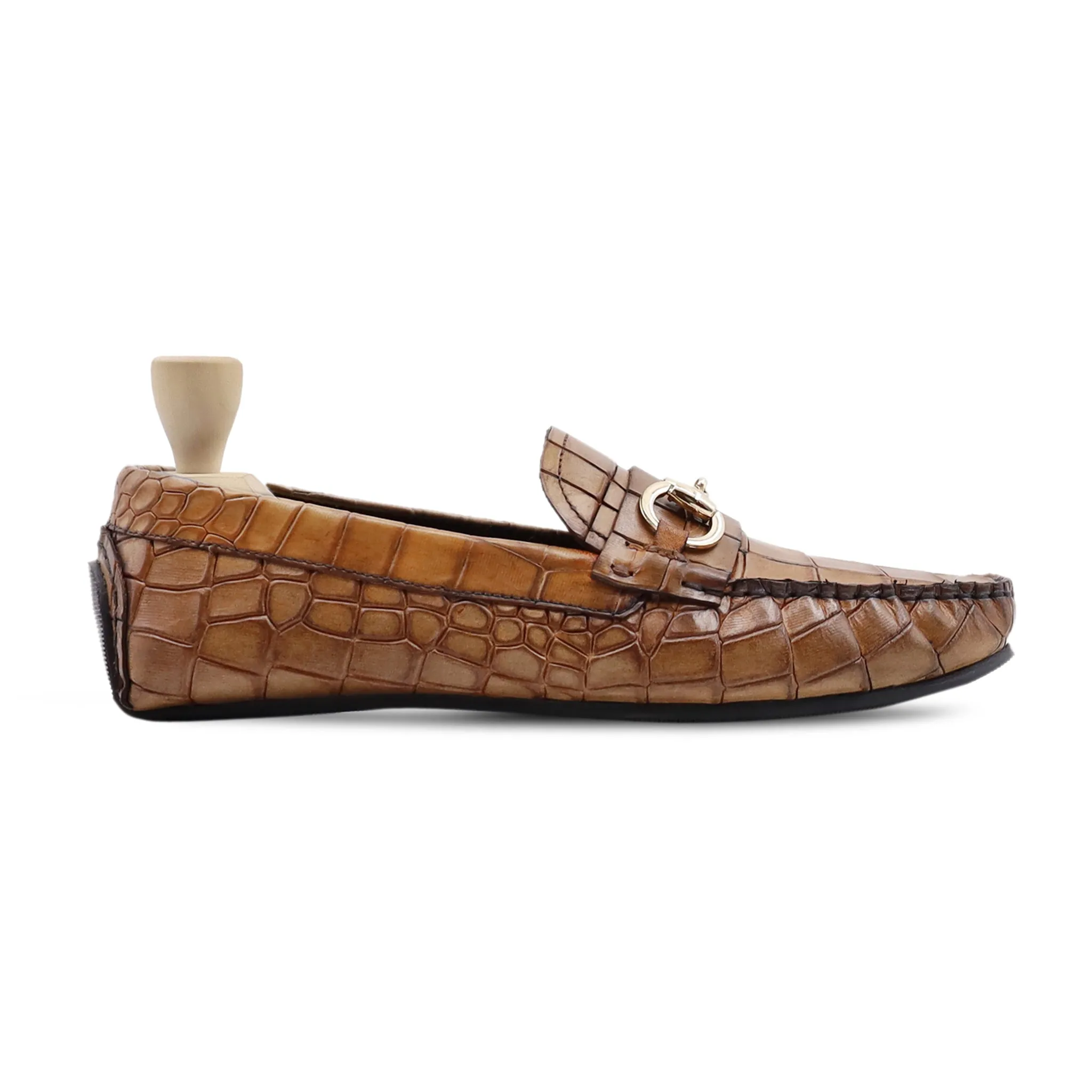 Acy - Men's Light Brown Crocodile Printed Calf Leather Driver Shoe