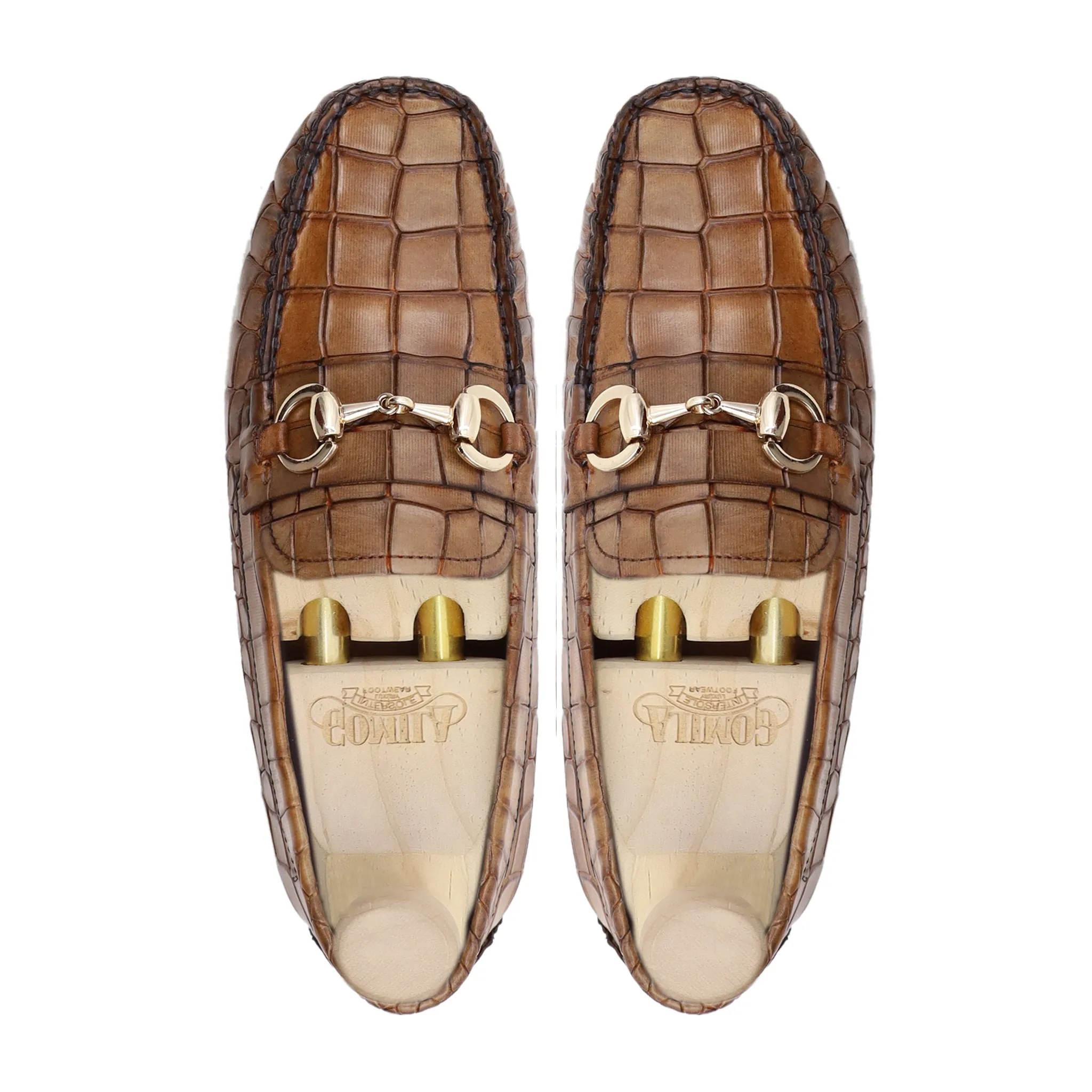 Acy - Men's Light Brown Crocodile Printed Calf Leather Driver Shoe