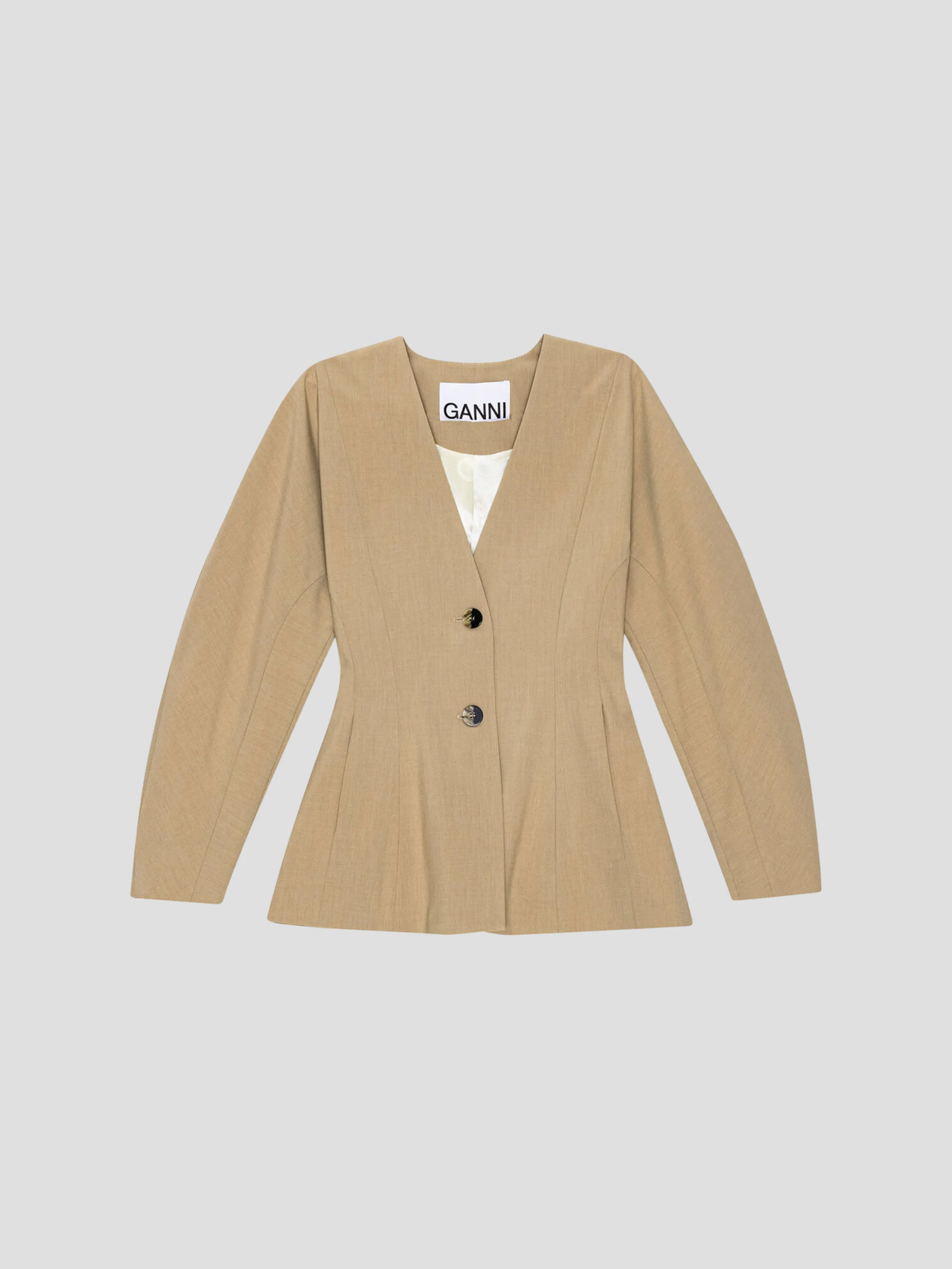 Beige Drapey Melange Fitted Shaped Sleeve Blazer