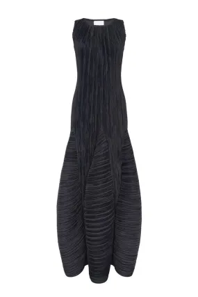 BLACK A-LINE SLEEVELESS PLEATED MAXI DRESS