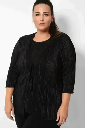 Black Pleated Front Tie Cardigan Overlay Blouse