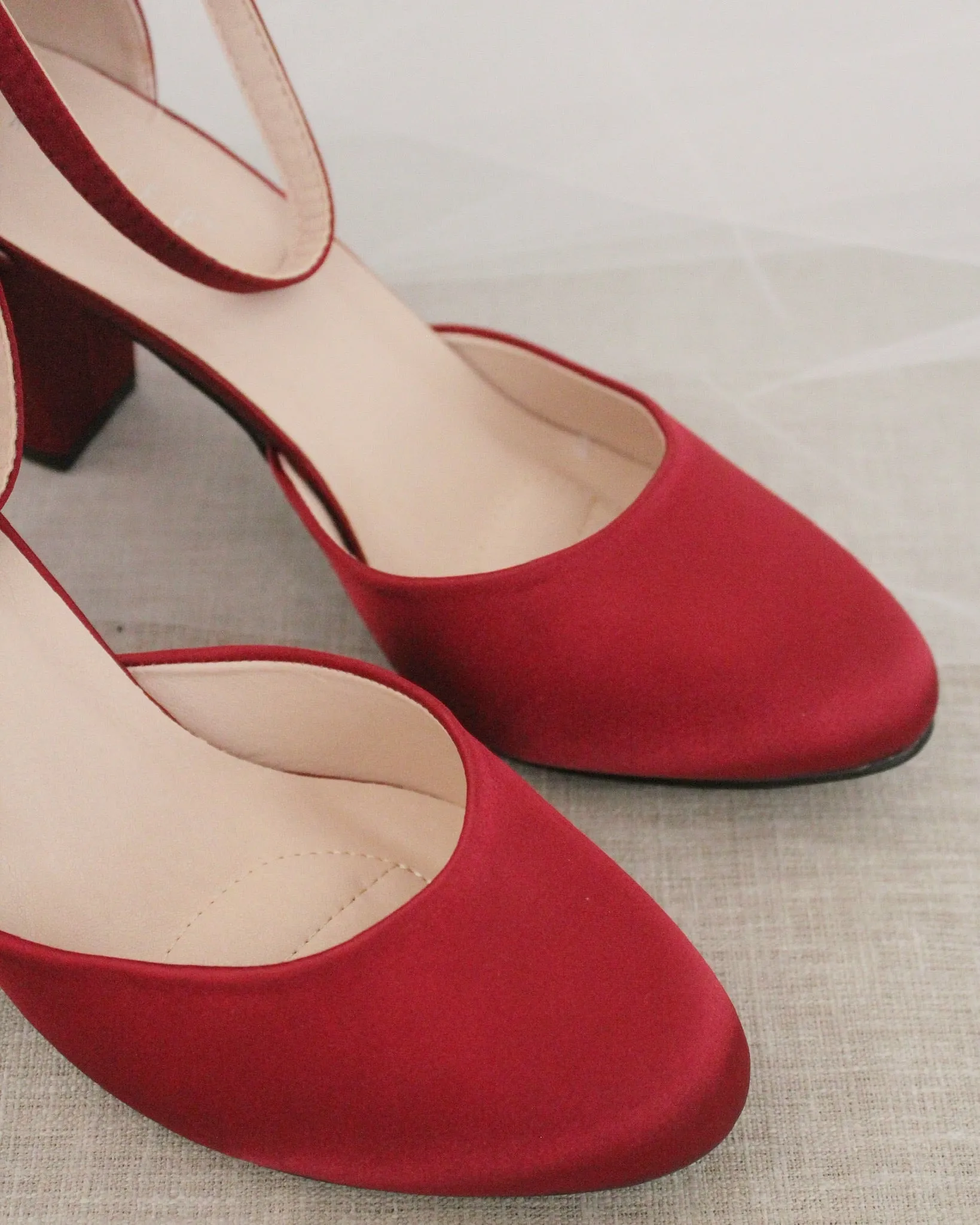 Burgundy Satin Block Heel with Ankle Strap