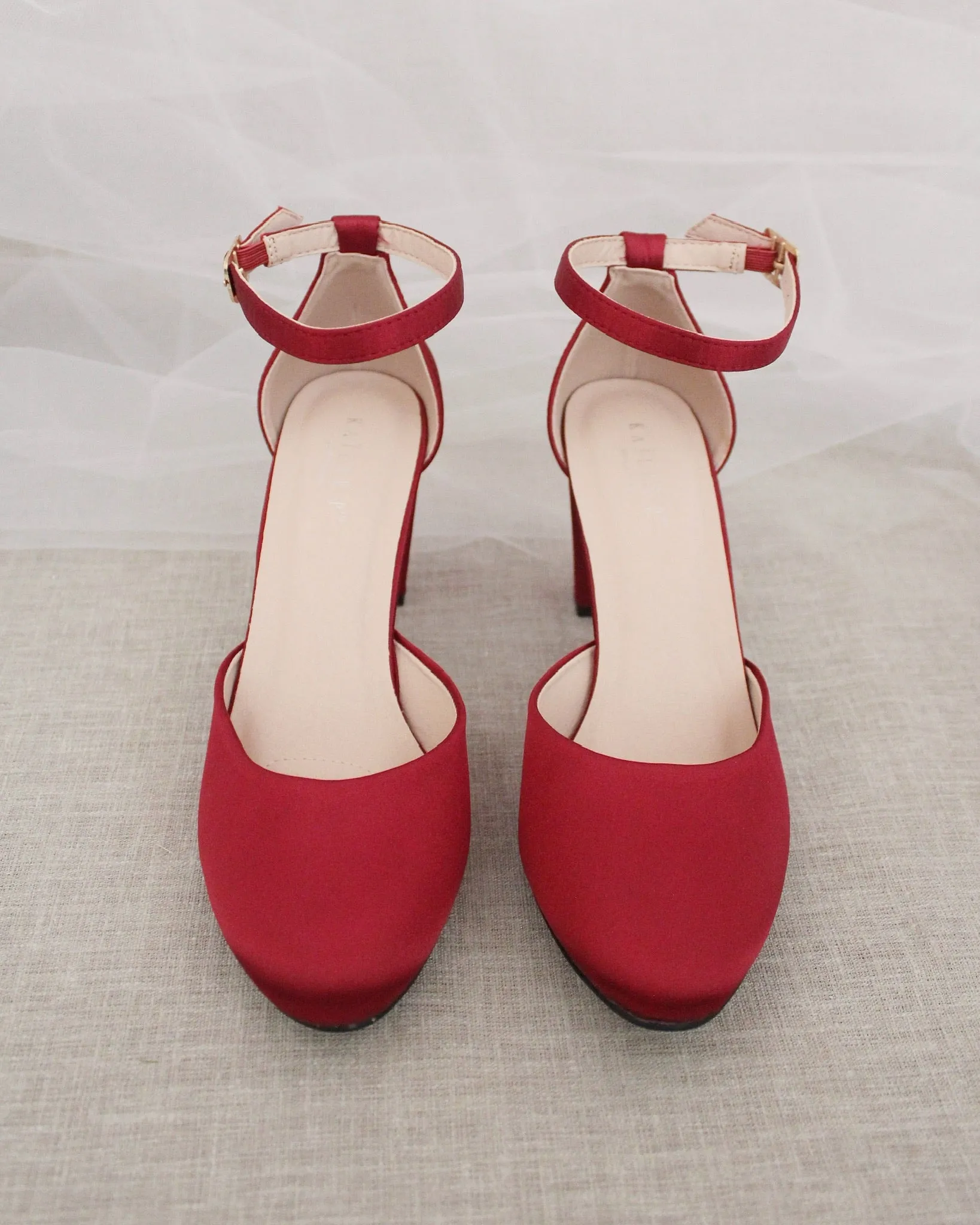 Burgundy Satin Block Heel with Ankle Strap