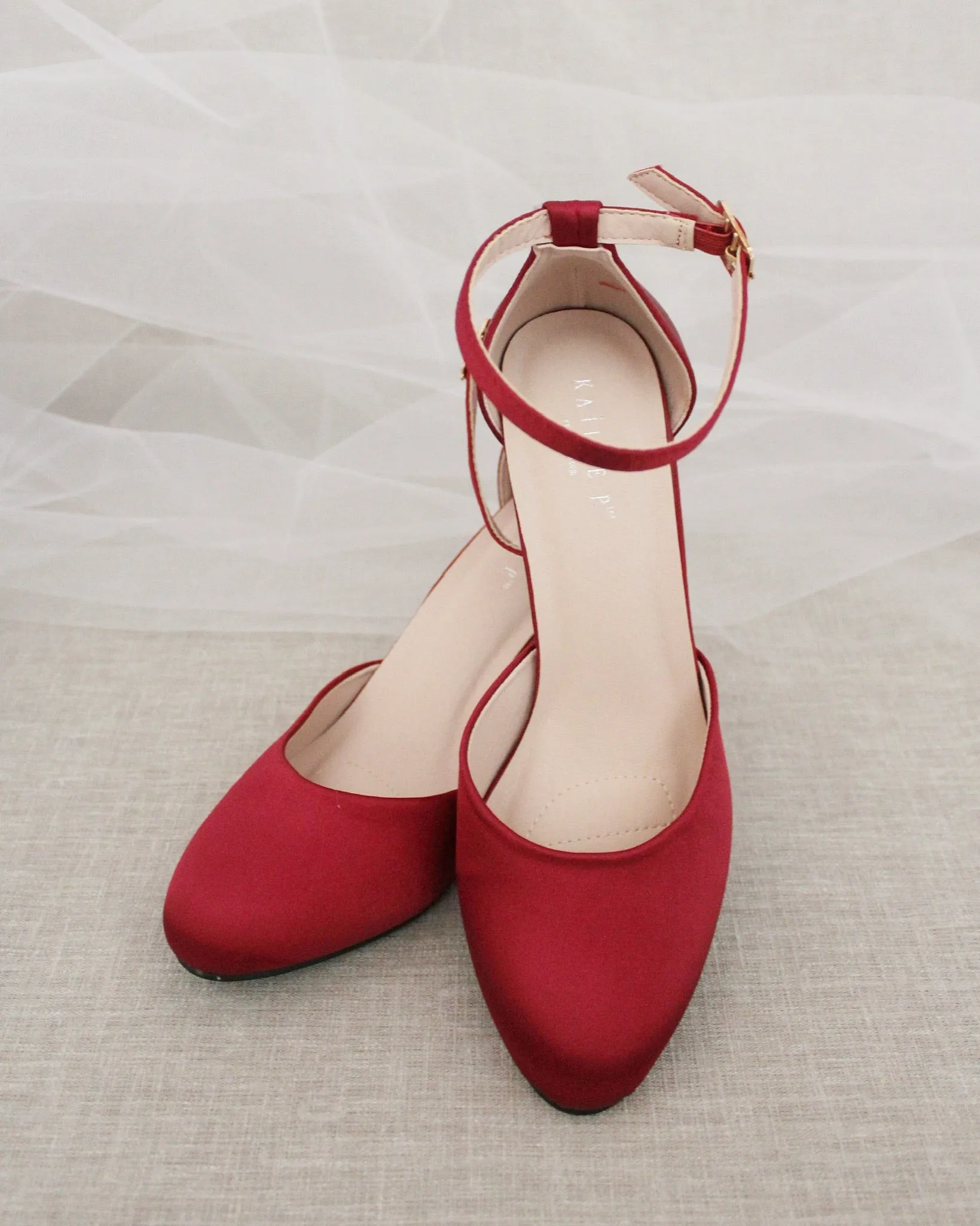 Burgundy Satin Block Heel with Ankle Strap