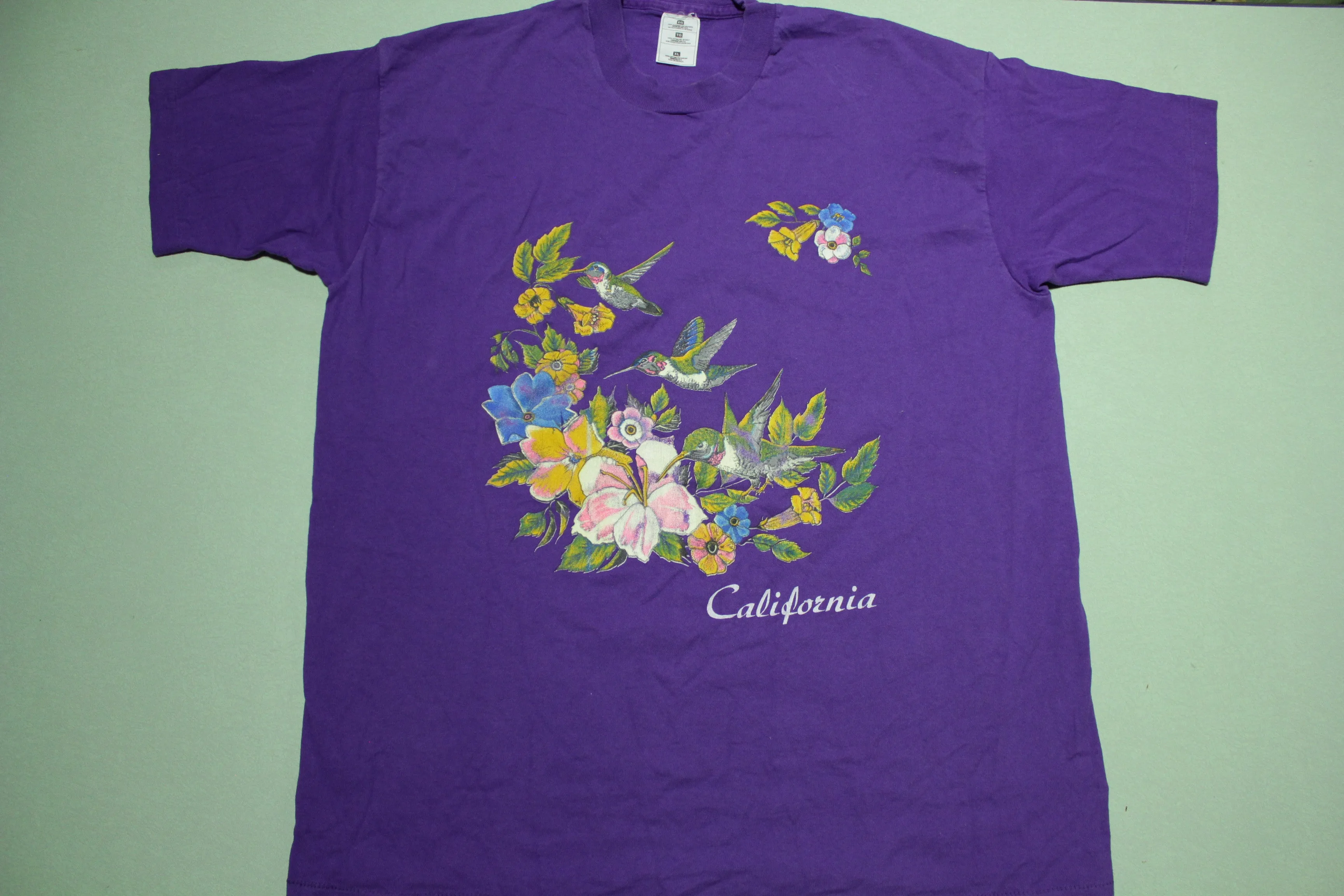 California Hummingbird Floral Print 90s Vintage Single Stitch USA T-Shirt