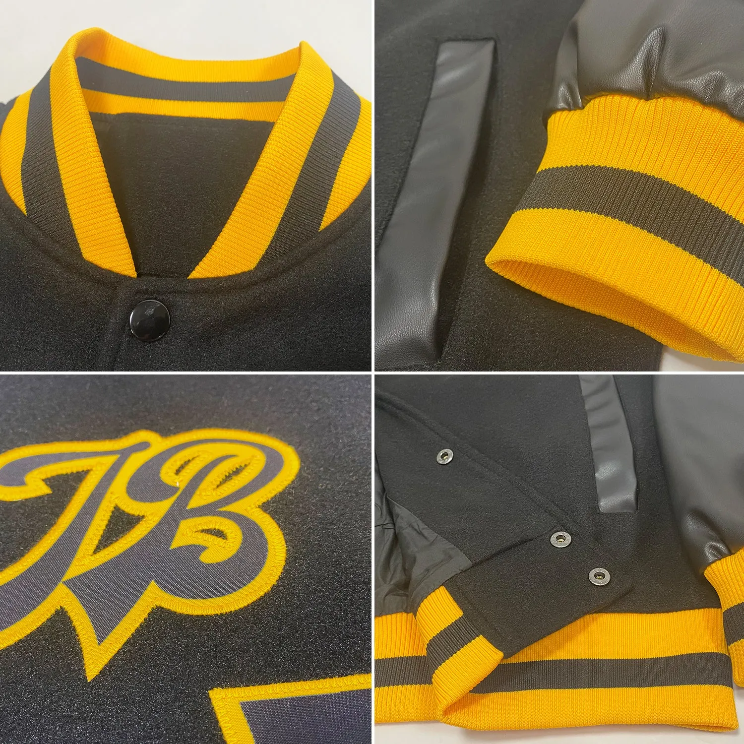 Custom Black Black-Gold Bomber Full-Snap Varsity Letterman Jacket