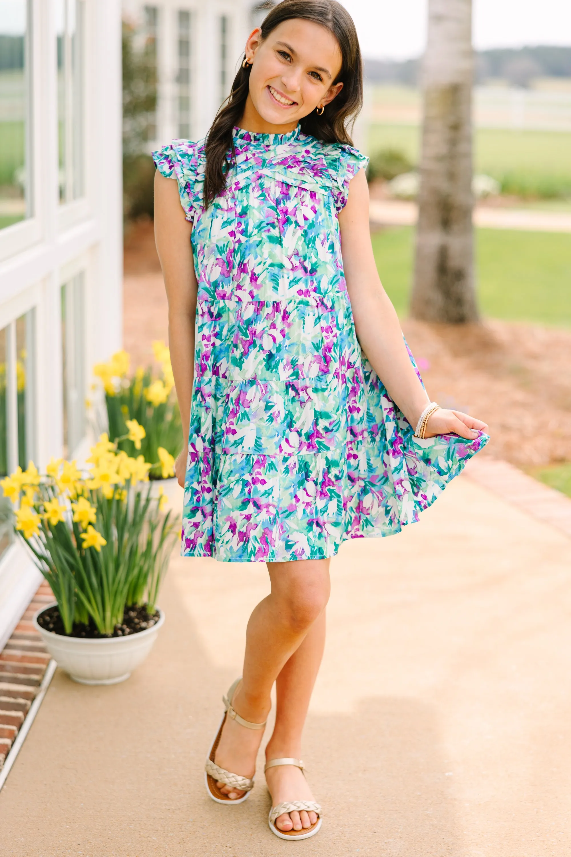 Girls: All About You Aqua Blue Floral Ruffled Dress