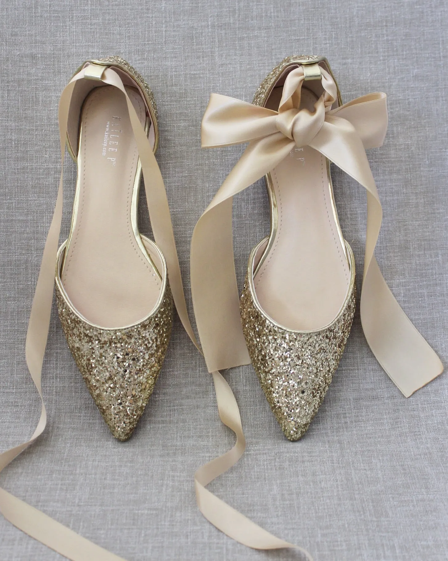 Gold Rock Glitter Pointy Toe Flats with Satin Ankle Tie or Ballerina Lace Up