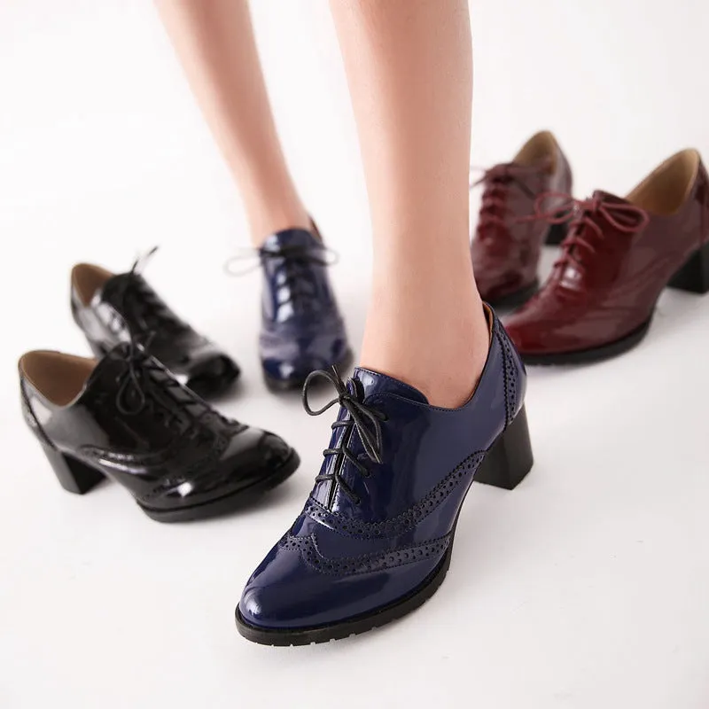 Lace Up Patent Leather Women Chunky Mid Heels Oxford Shoes 8154