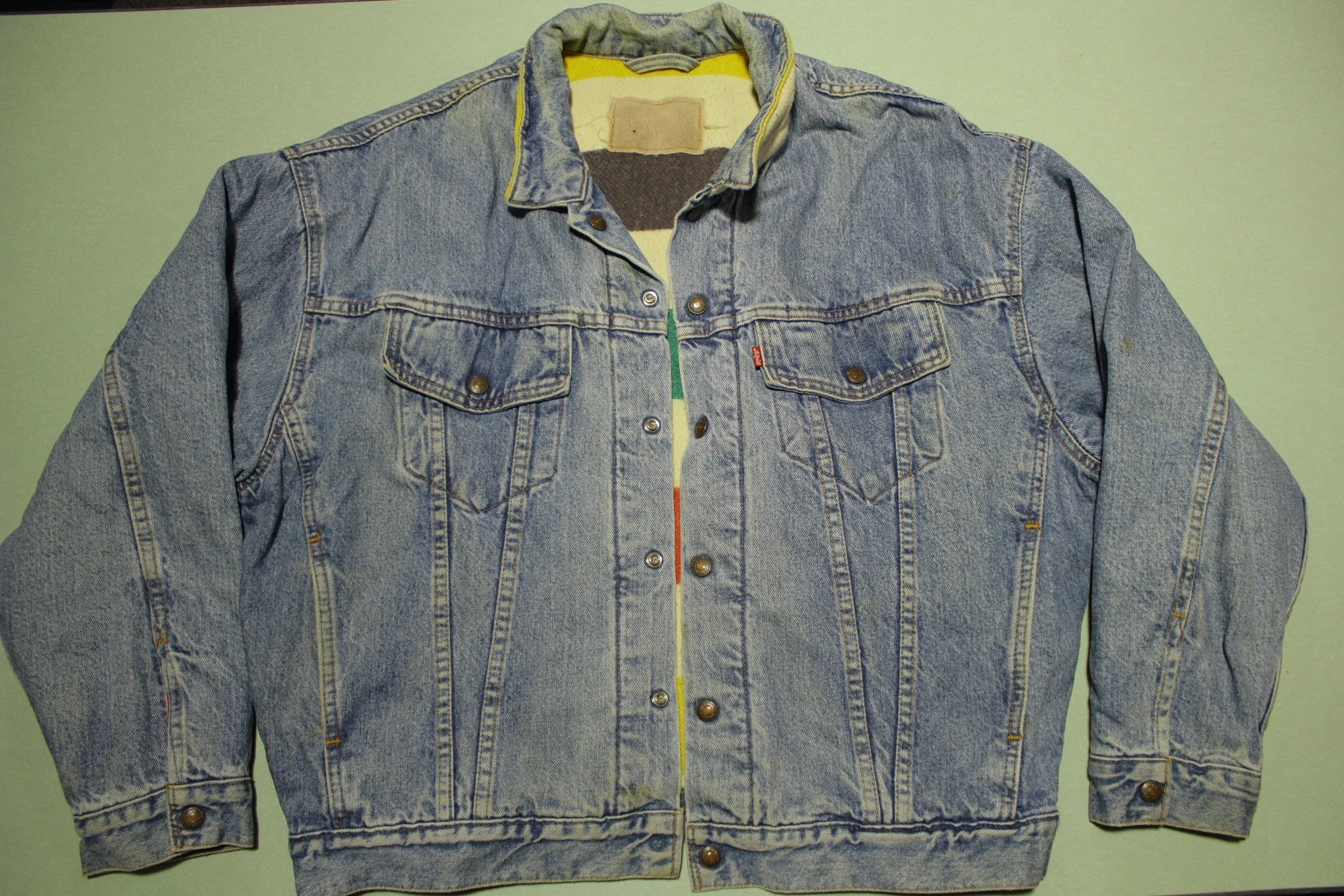 Levis Hudson Bay Blanket Wool Lined Reversible Vintage Denim 80's Trucker Jean Jacket