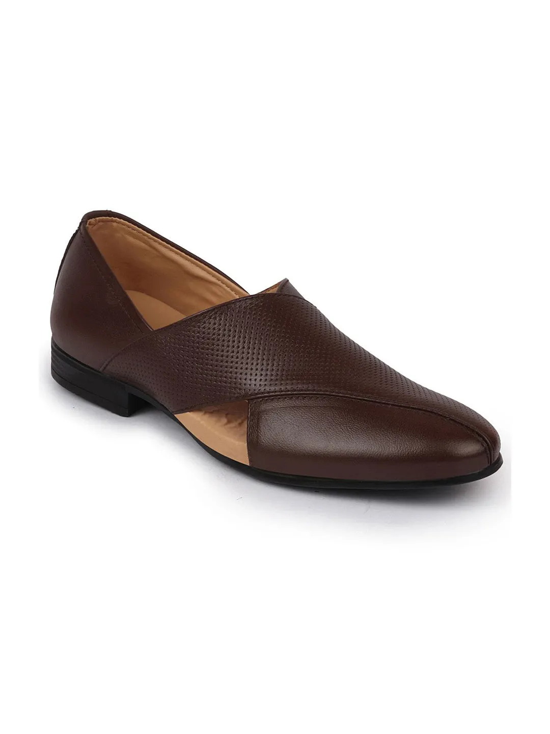 Mens Elegant Brown Peshawari Leather Slip-On Shoes - Front Open Design