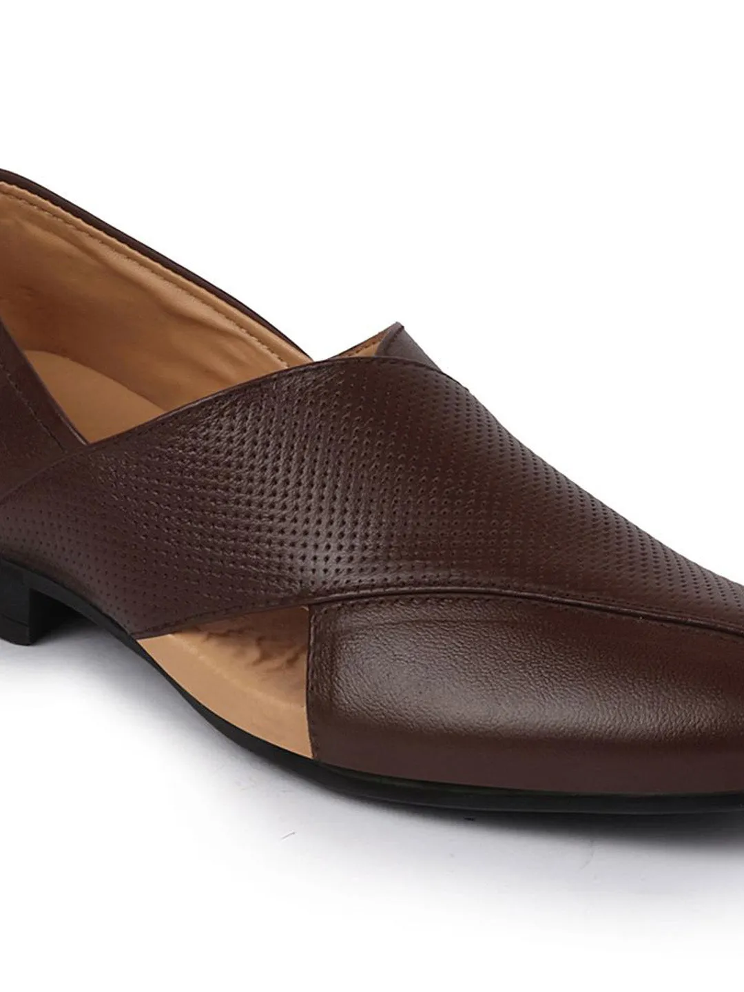 Mens Elegant Brown Peshawari Leather Slip-On Shoes - Front Open Design