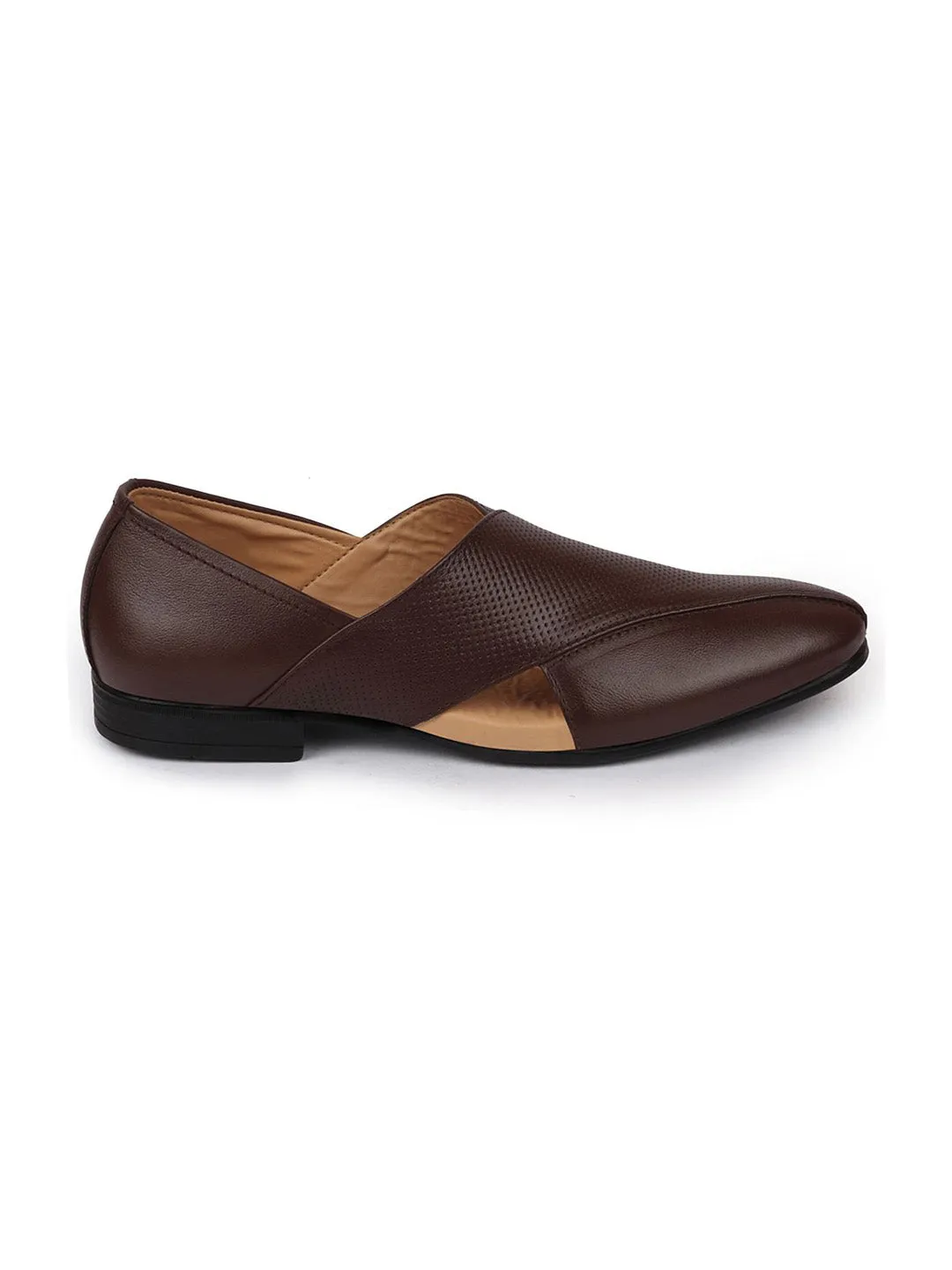 Mens Elegant Brown Peshawari Leather Slip-On Shoes - Front Open Design