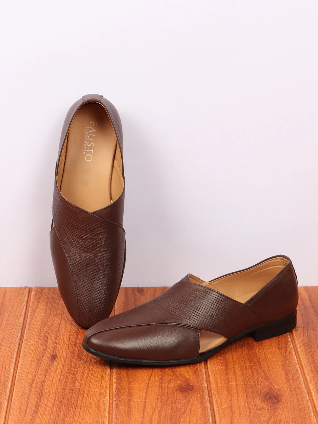 Mens Elegant Brown Peshawari Leather Slip-On Shoes - Front Open Design