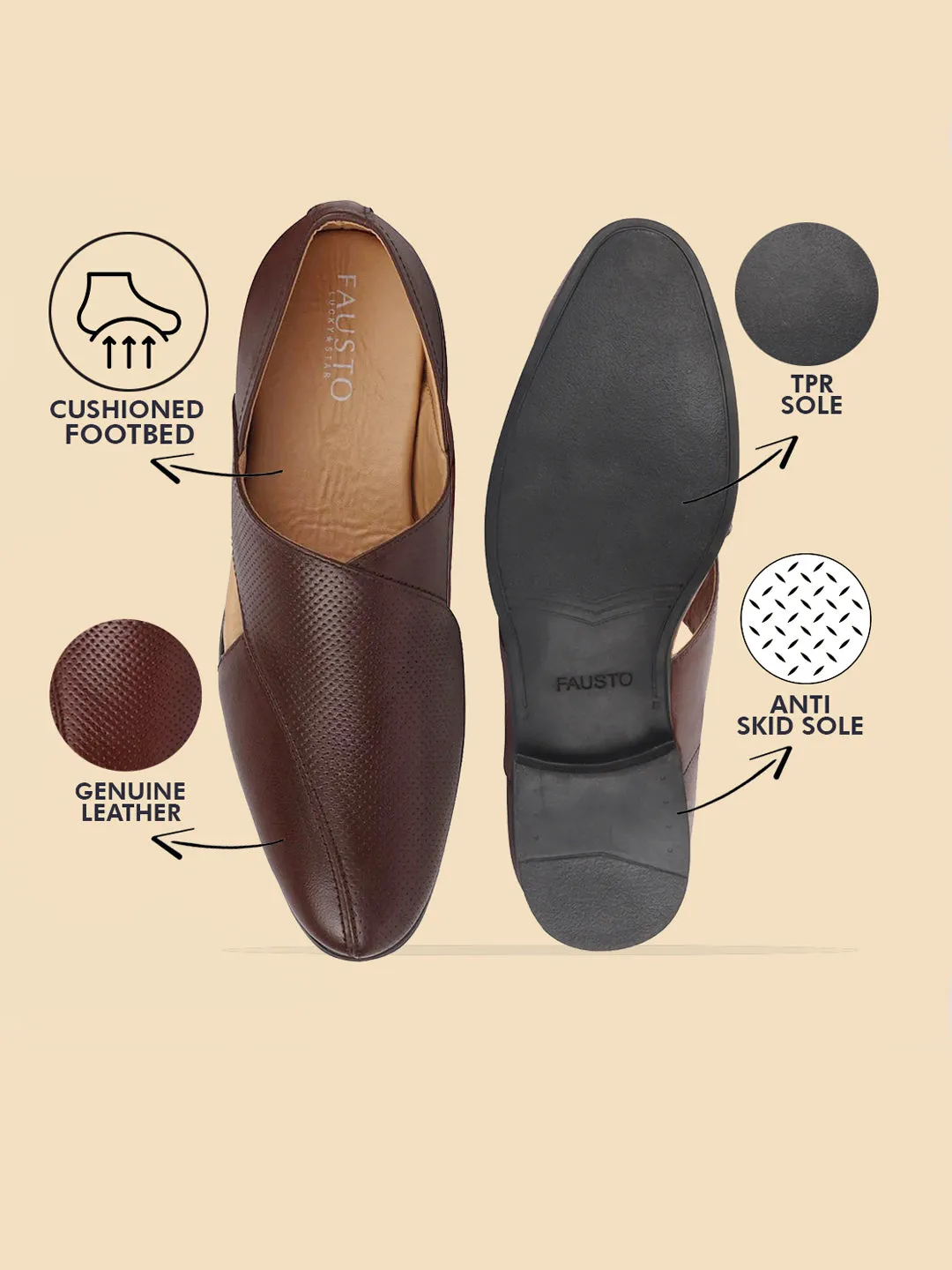 Mens Elegant Brown Peshawari Leather Slip-On Shoes - Front Open Design