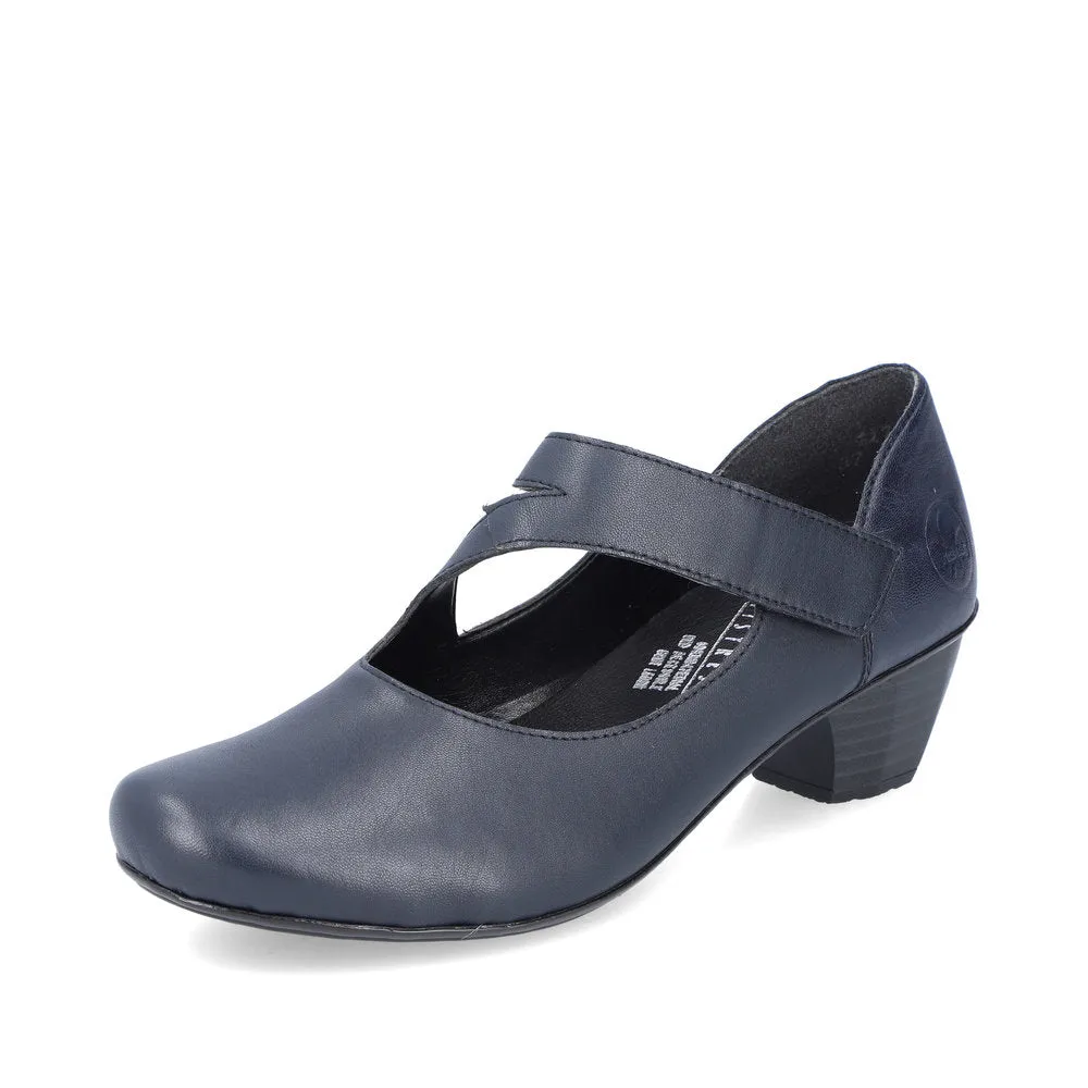 Navy Leather Rieker Shoes Low Heel Strap Court 41793-14