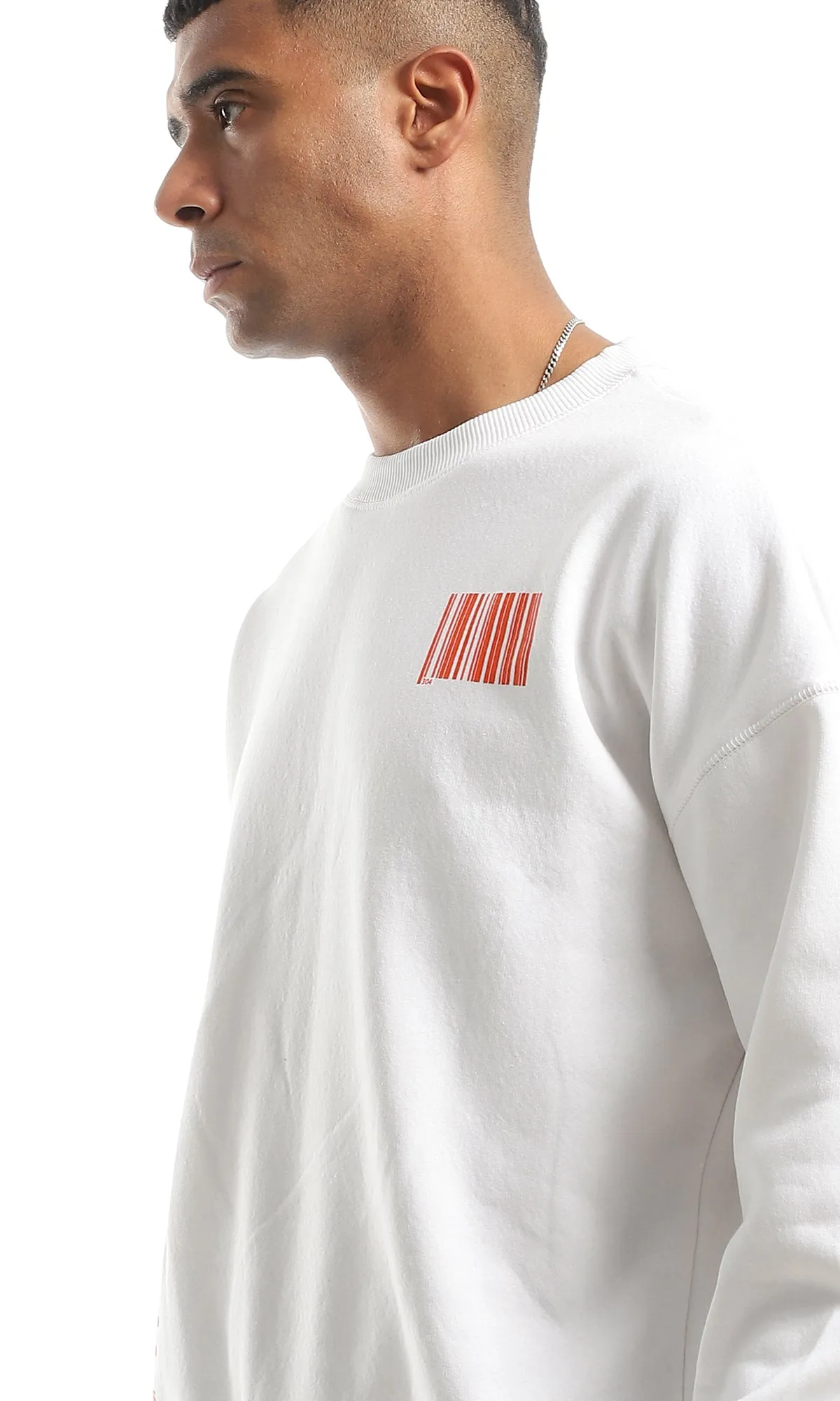 O150815 White Barcode Chest Printed Fleece Sweatshirt