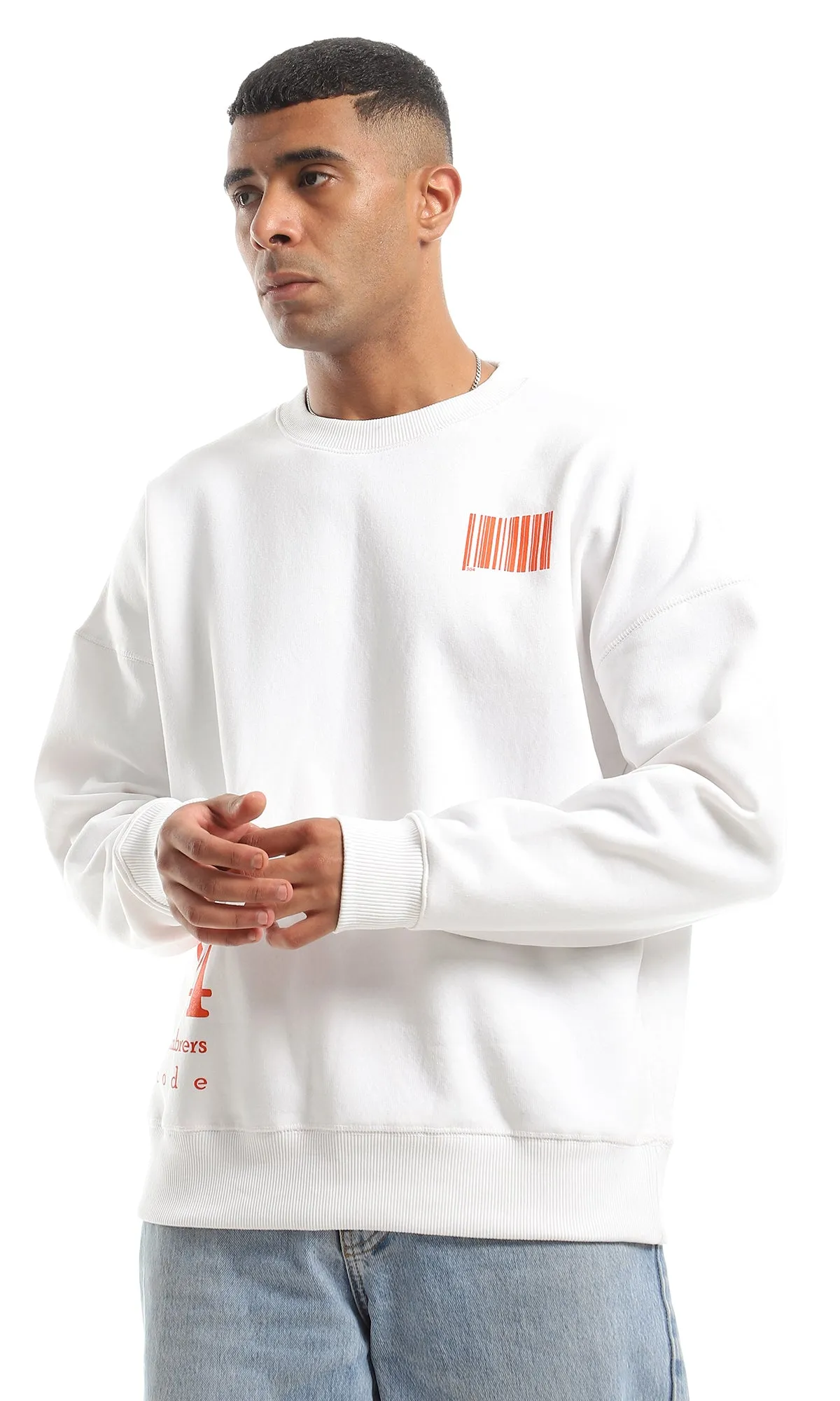 O150815 White Barcode Chest Printed Fleece Sweatshirt