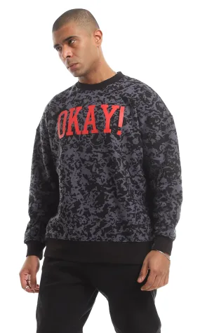 O151462 Okay Chest Printed & Patterned Fleece Sweatshirt - Black & Grey