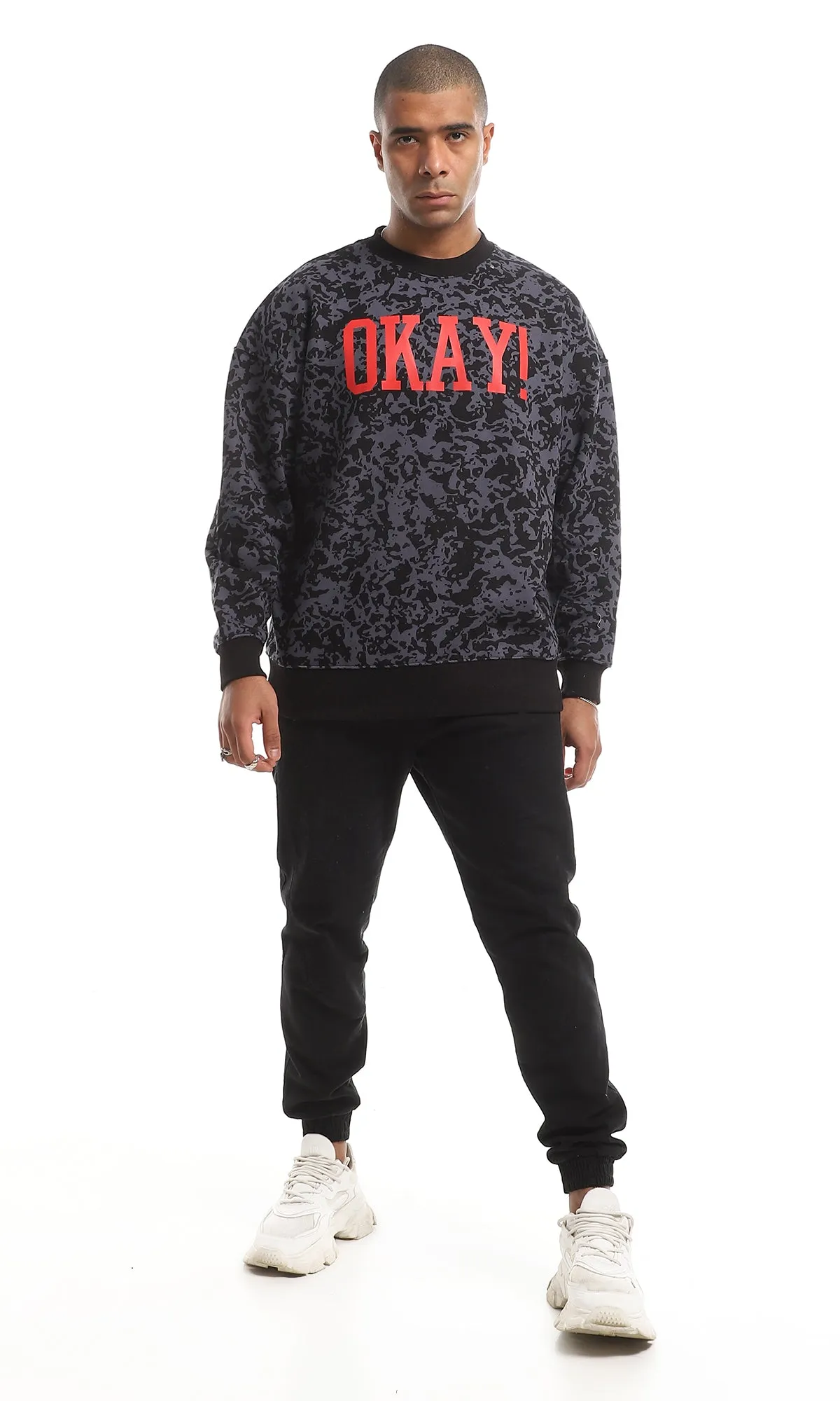 O151462 Okay Chest Printed & Patterned Fleece Sweatshirt - Black & Grey