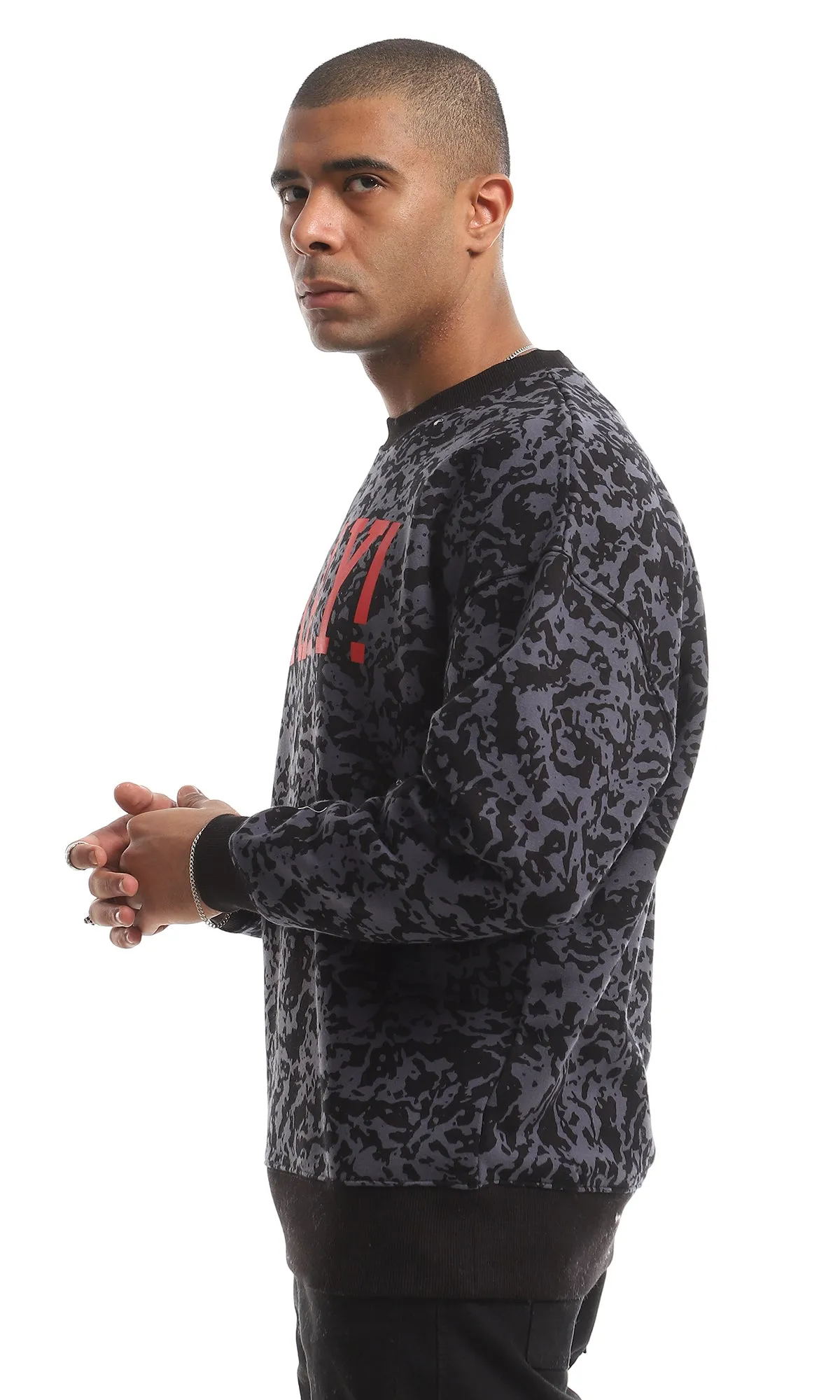 O151462 Okay Chest Printed & Patterned Fleece Sweatshirt - Black & Grey