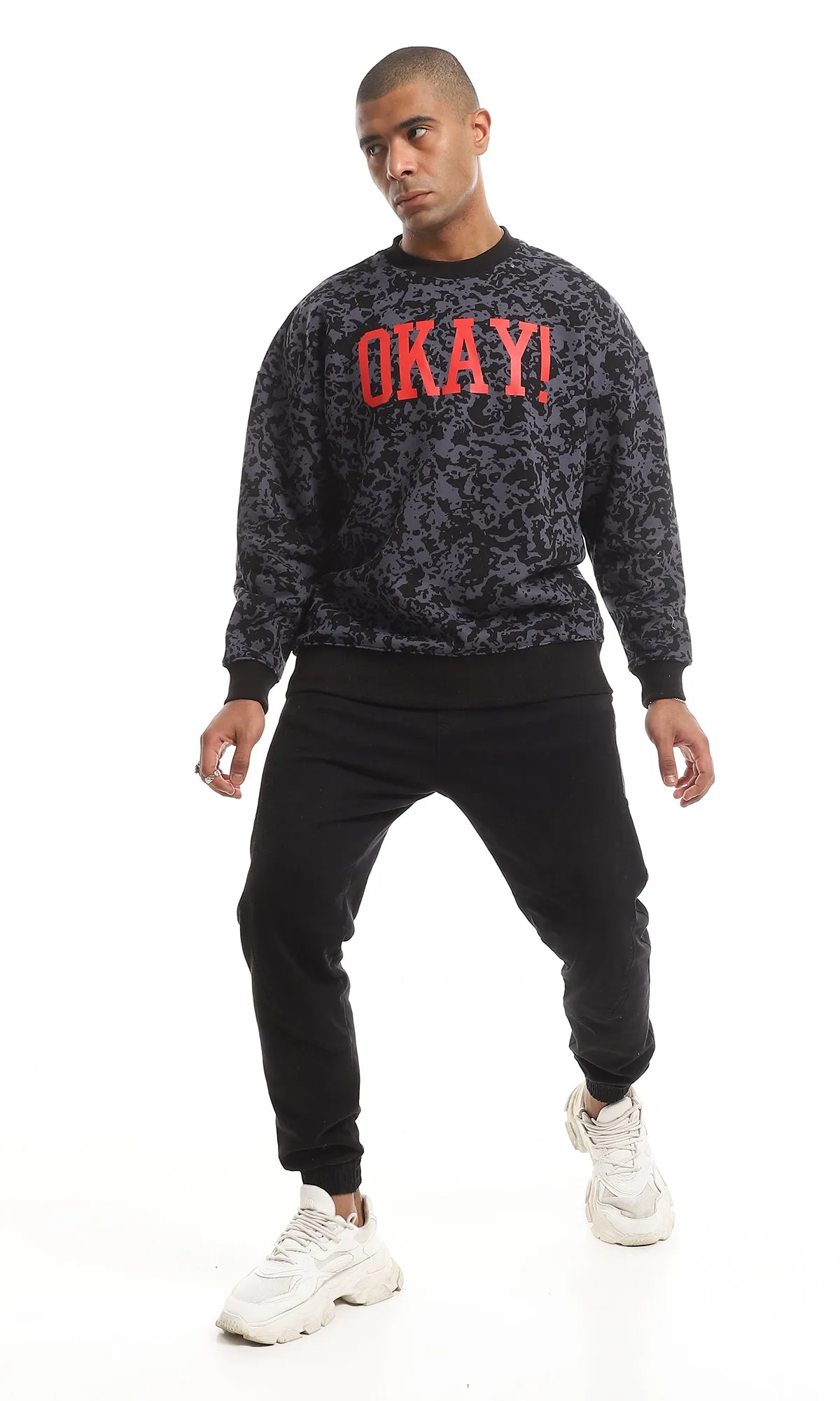 O151462 Okay Chest Printed & Patterned Fleece Sweatshirt - Black & Grey