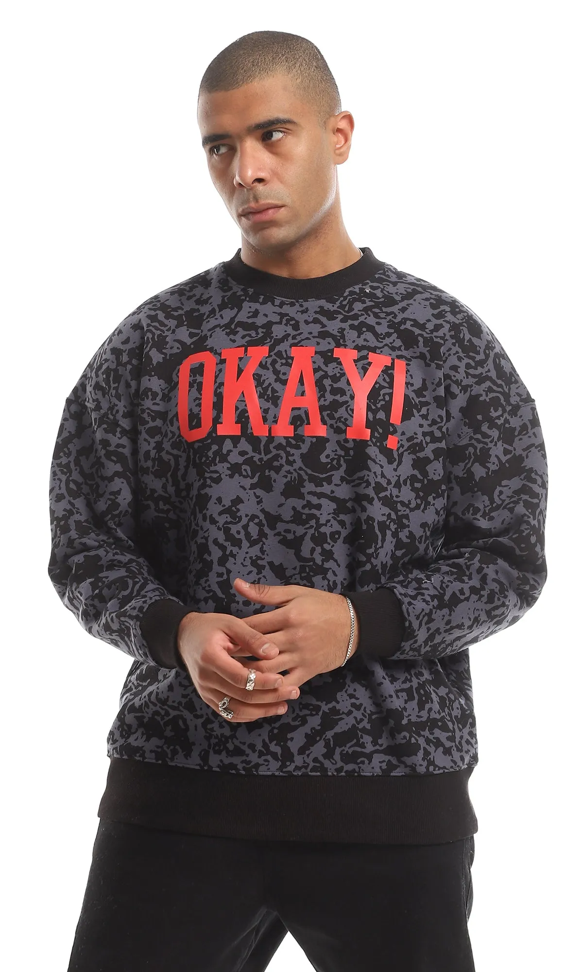 O151462 Okay Chest Printed & Patterned Fleece Sweatshirt - Black & Grey