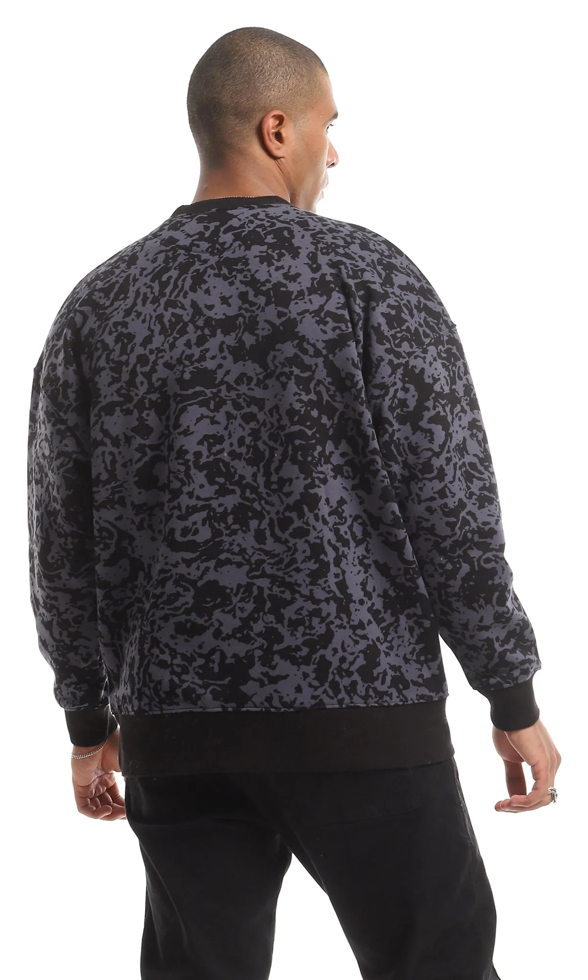 O151462 Okay Chest Printed & Patterned Fleece Sweatshirt - Black & Grey