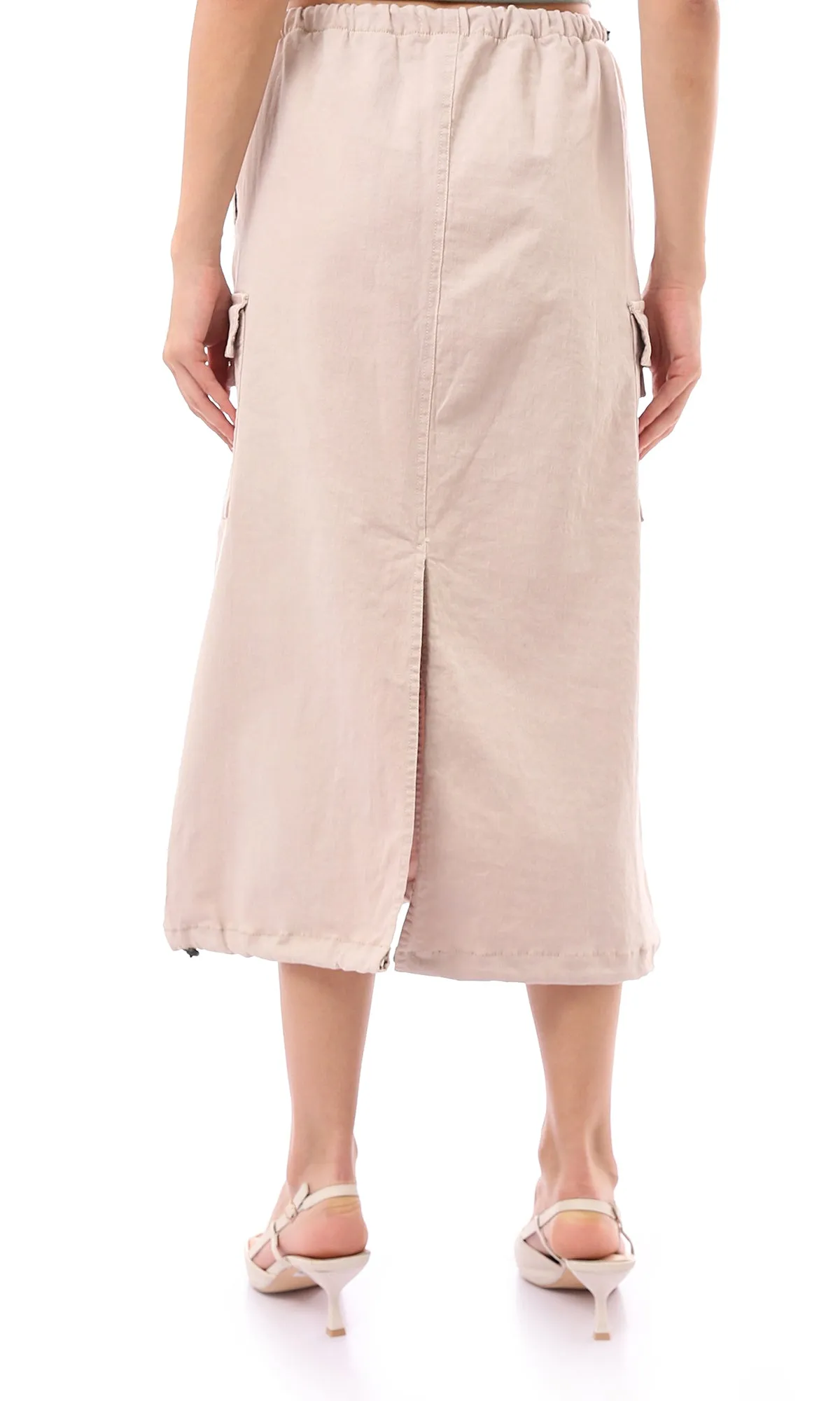 O168062 Adjustable Elastic Waist Beige Midi Skirt