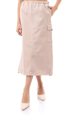 O168062 Adjustable Elastic Waist Beige Midi Skirt