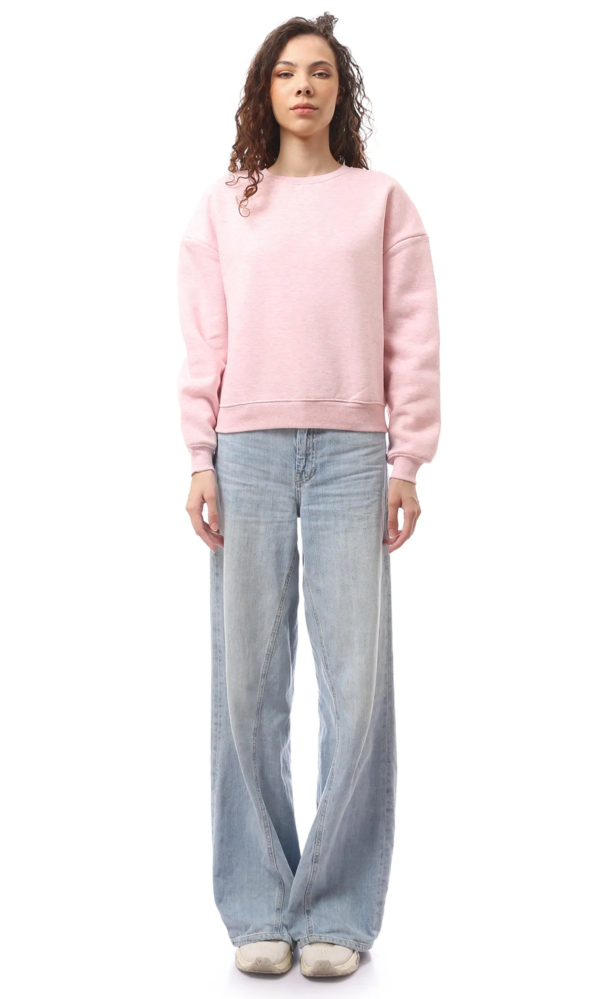 O172713 Heather Light Pink Slip On Round Neck Sweatshirt