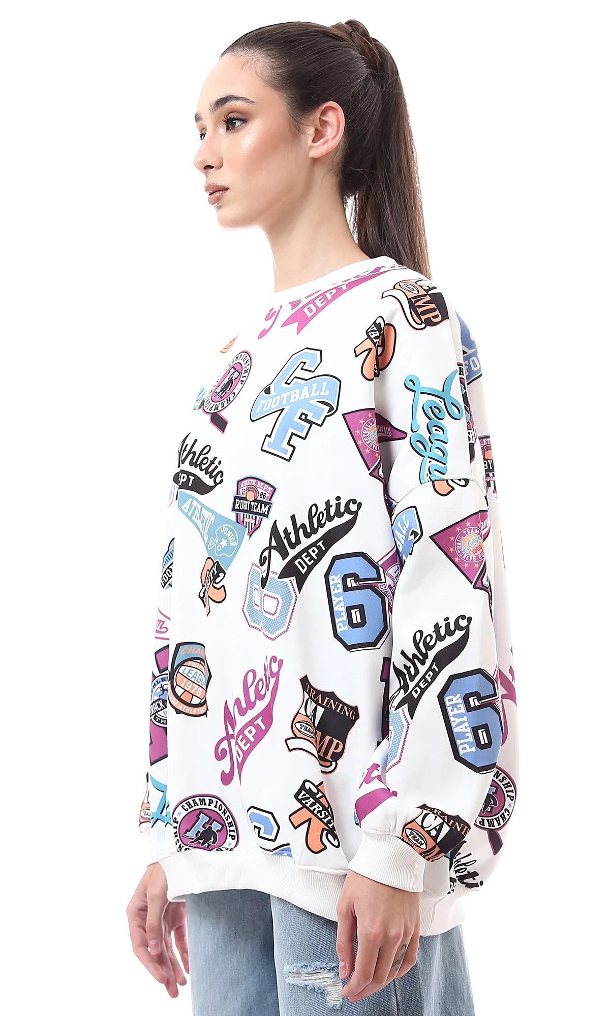 O173045 Patterned Multicolour Long Sweatshirt With Inner Fleece