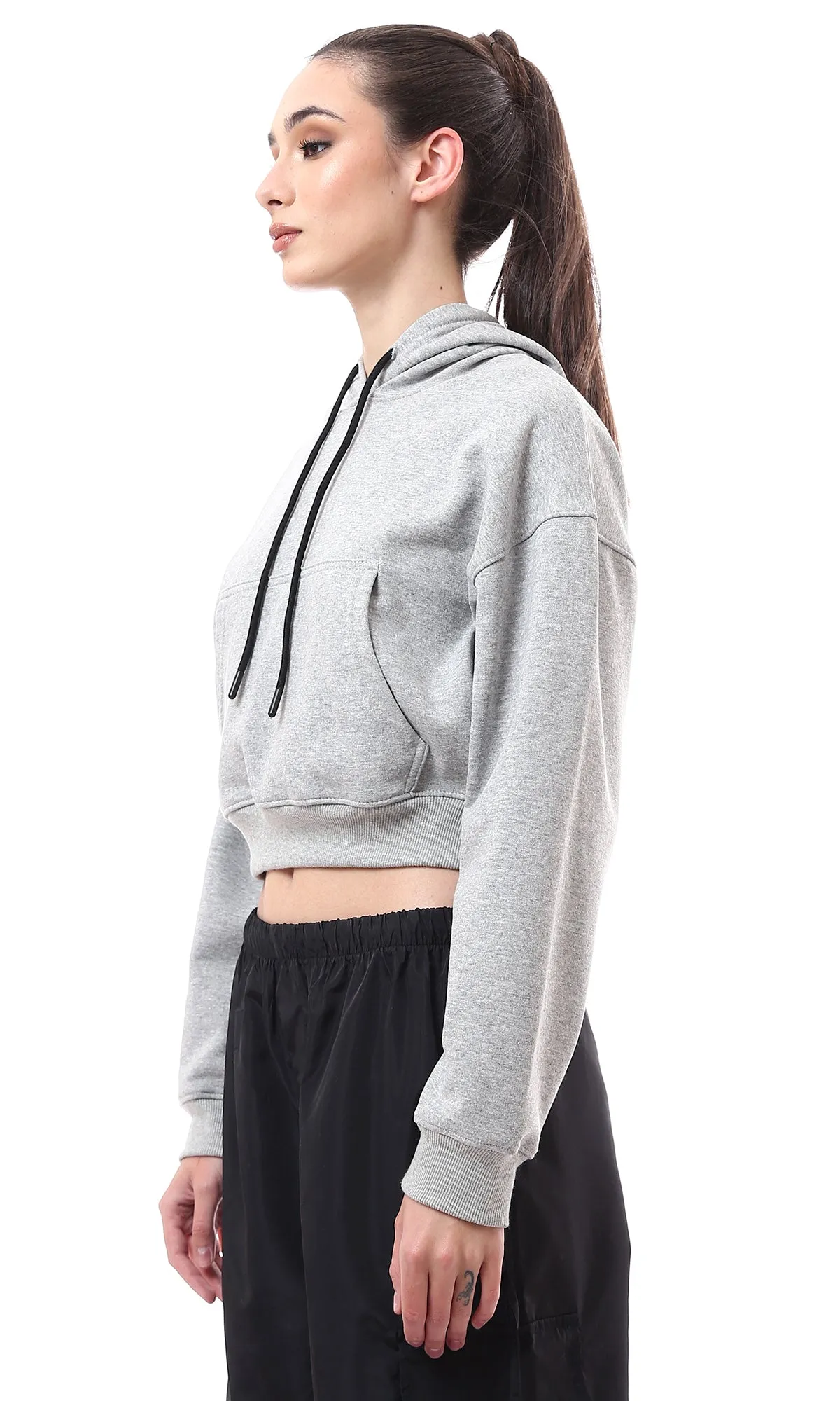 O176242 Heather Grey Short Hoodie With Kangaroo Pockets