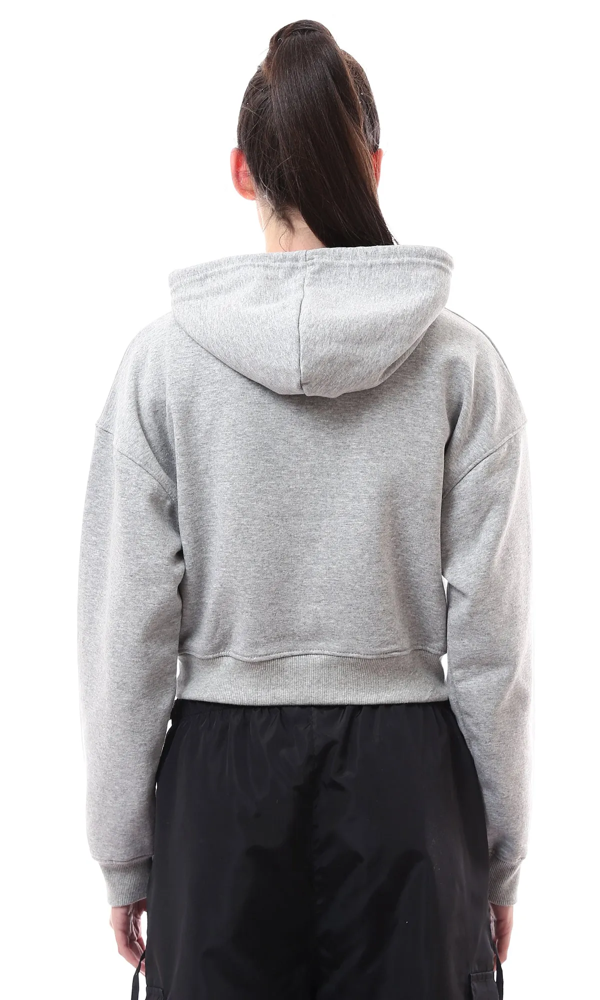 O176242 Heather Grey Short Hoodie With Kangaroo Pockets