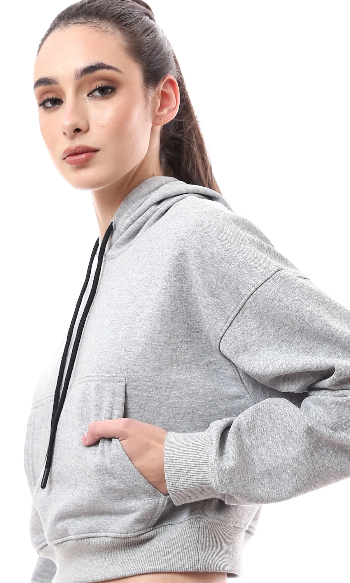 O176242 Heather Grey Short Hoodie With Kangaroo Pockets