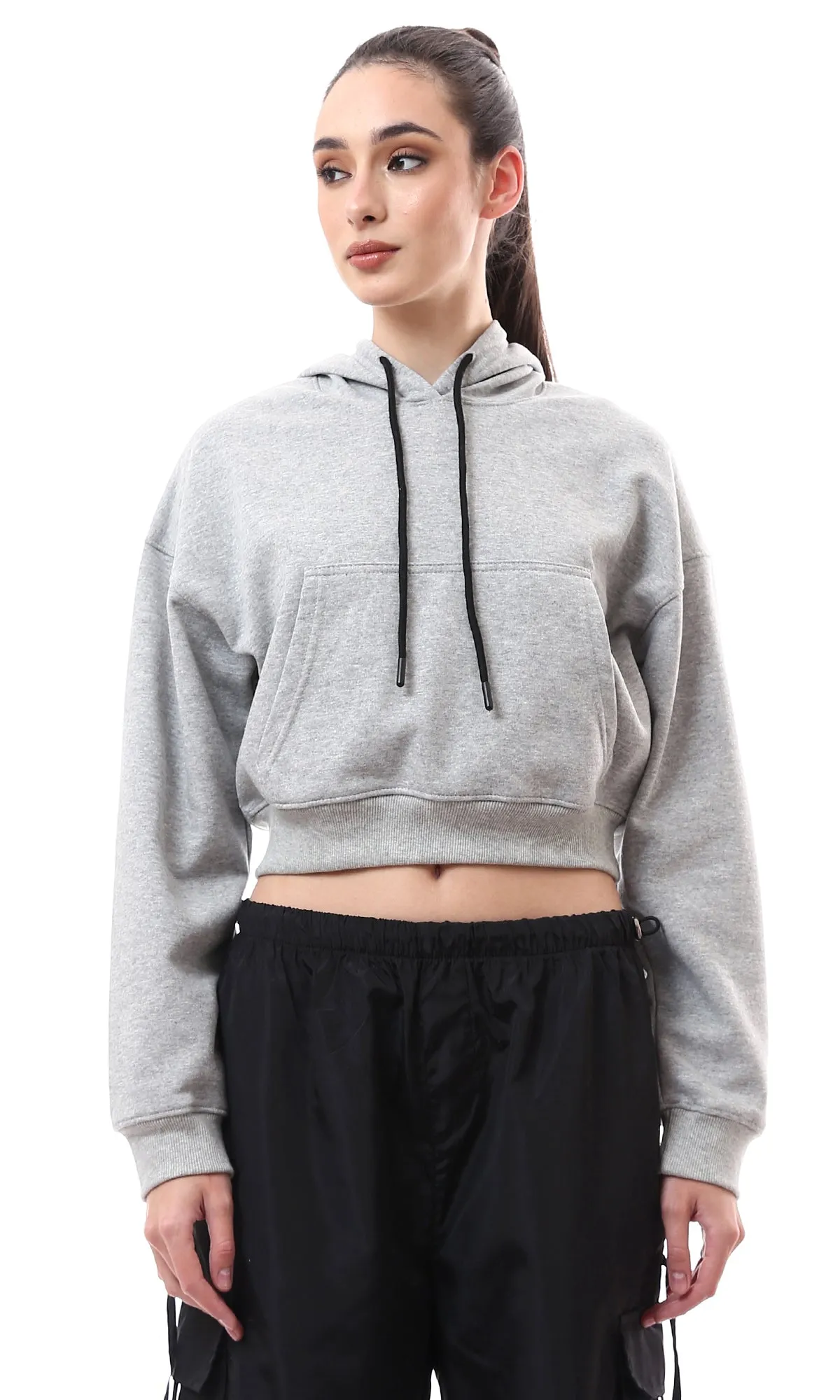 O176242 Heather Grey Short Hoodie With Kangaroo Pockets