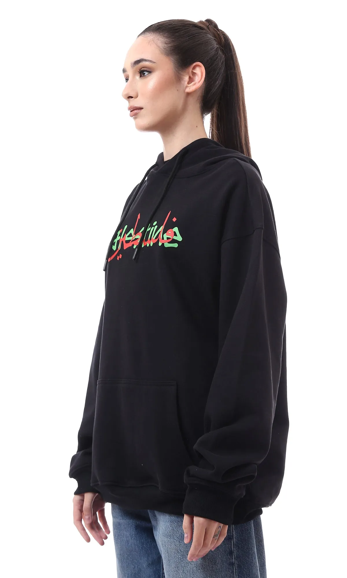 O176718 Palestine Long Sleeves Black Printed Hoodie