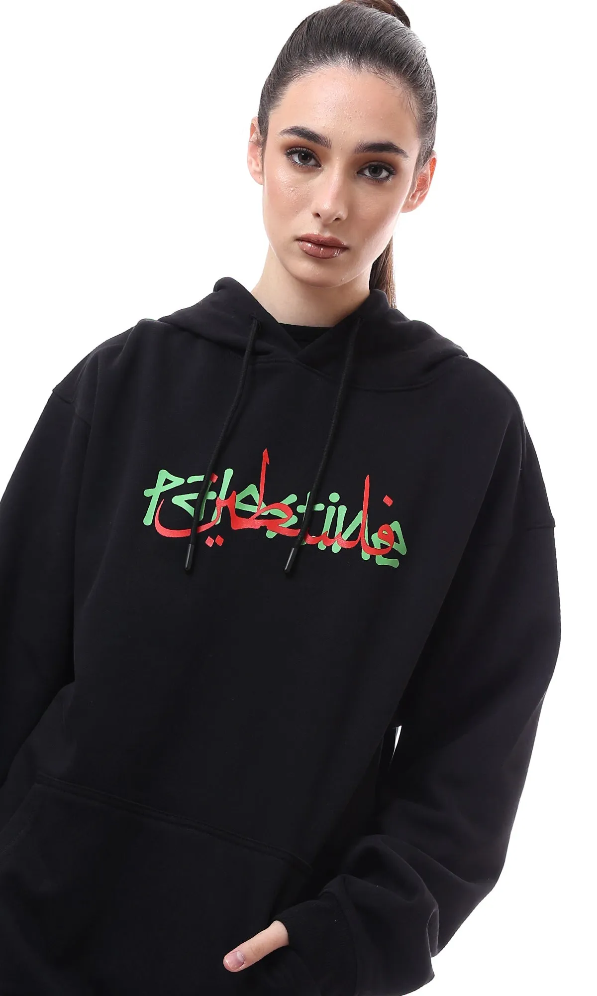 O176718 Palestine Long Sleeves Black Printed Hoodie