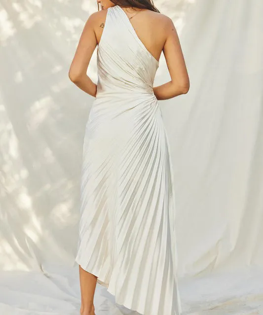 Olympia Asymmetrical Pleated Dress - Pearl