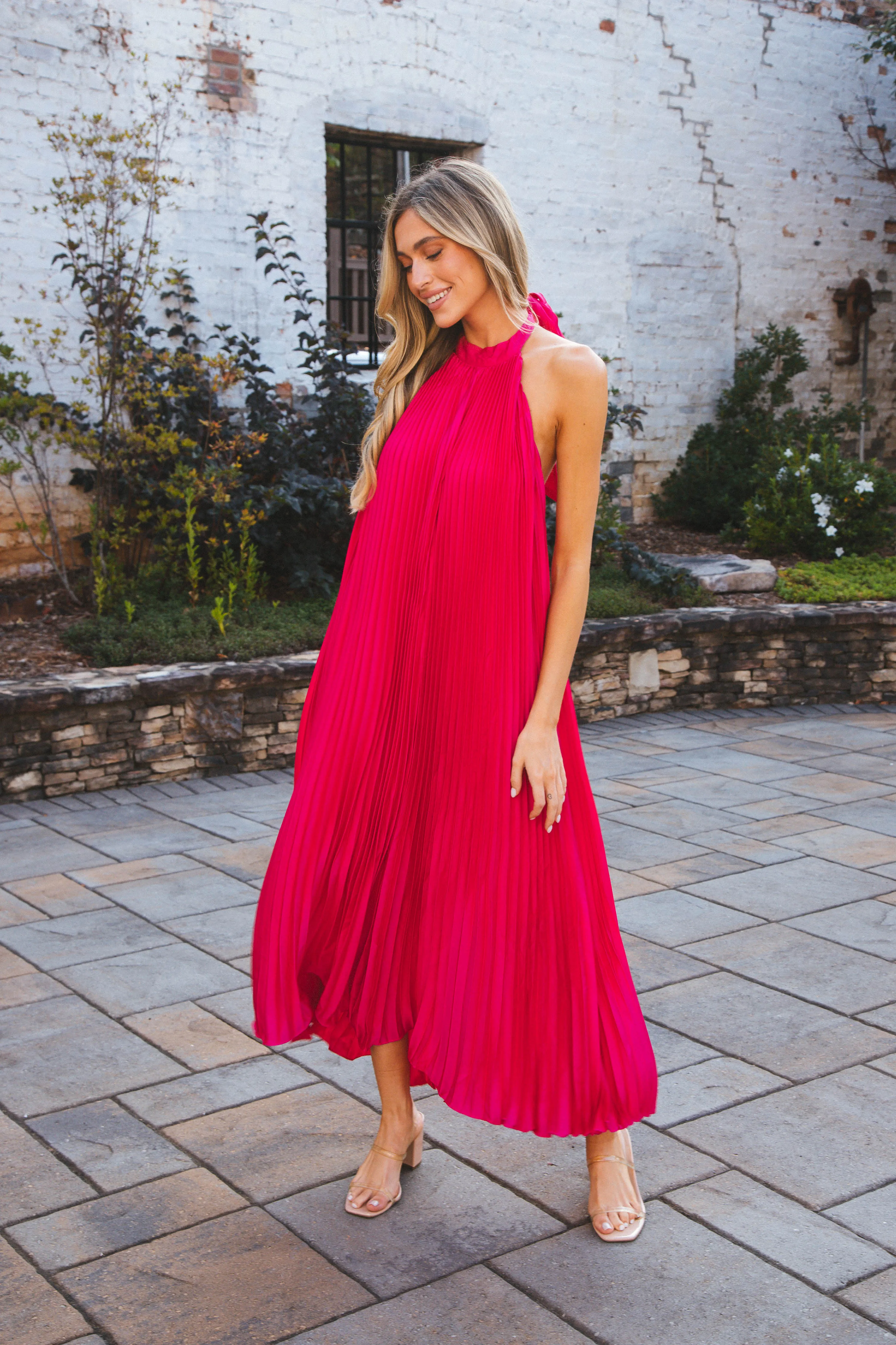 Polly Pleated Long Dress, Fuchsia