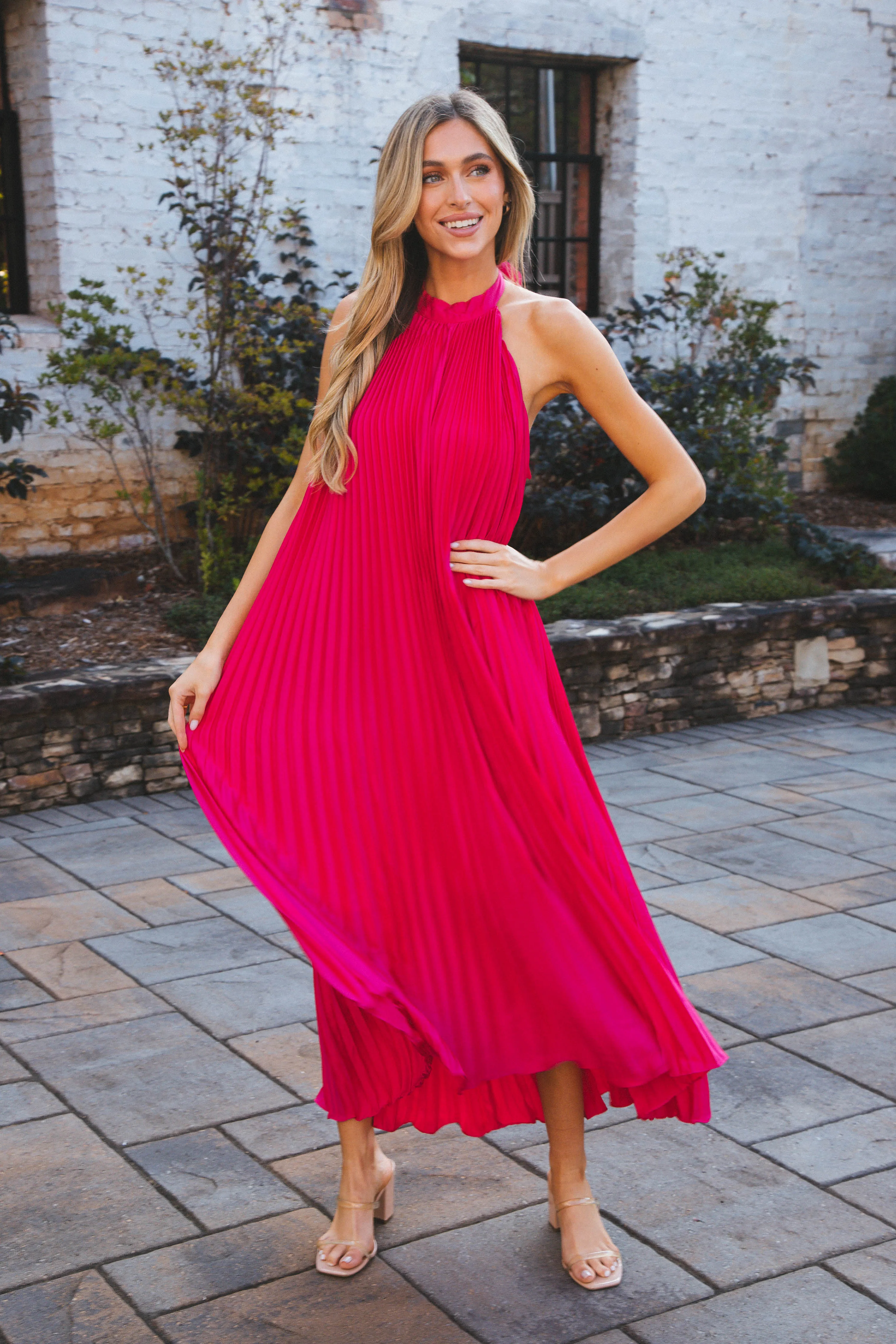 Polly Pleated Long Dress, Fuchsia