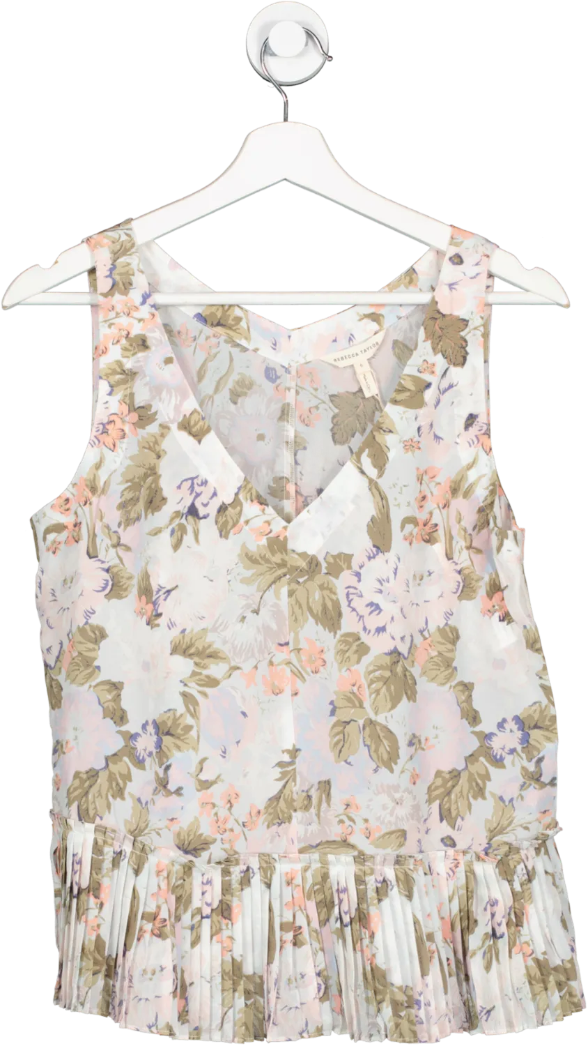 Rebecca Taylor Multicoloured Pastel Silk & Cotton Floral Penelope Sleeveless Pleated Peplum Top UK 10