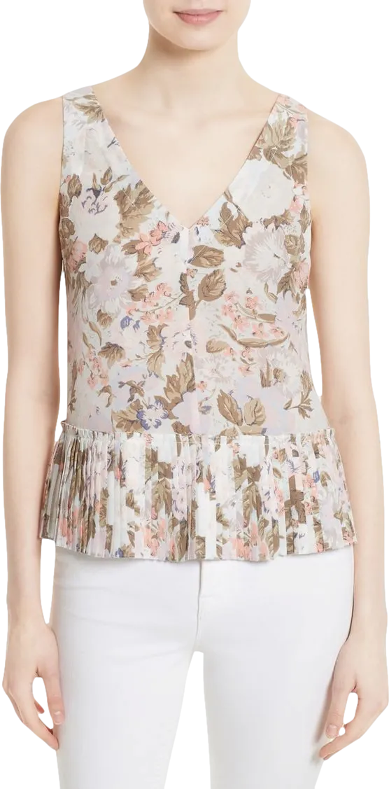 Rebecca Taylor Multicoloured Pastel Silk & Cotton Floral Penelope Sleeveless Pleated Peplum Top UK 10