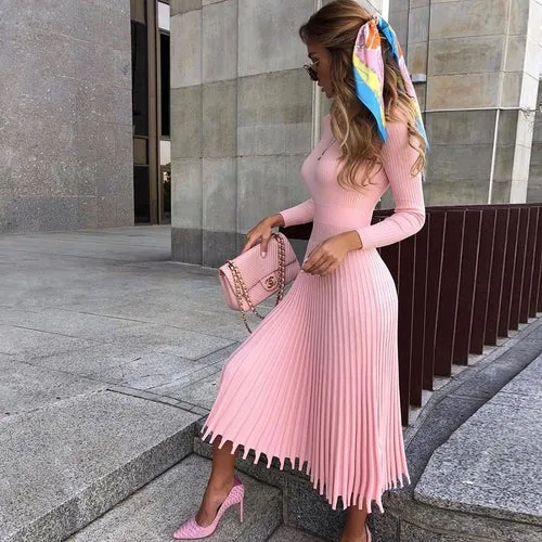 Solid Color Pleated Long Sweater Knitted Dress