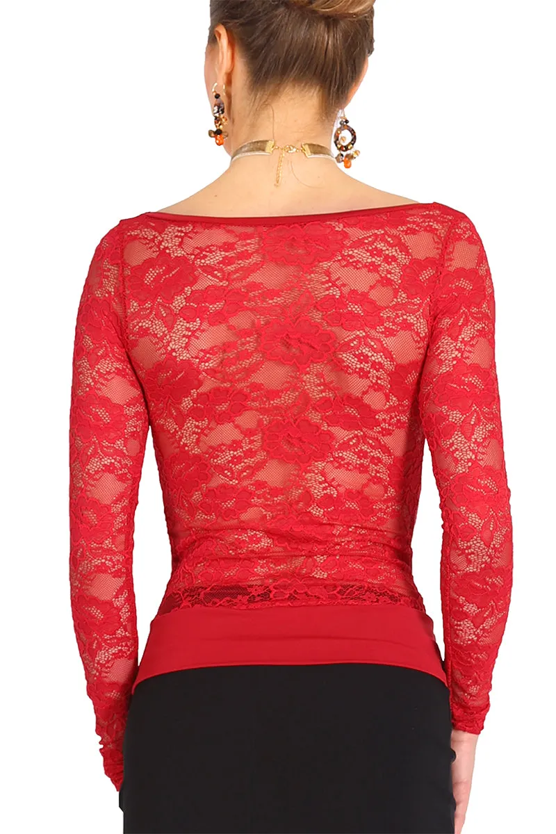 Tango Top With Draped Neckline, Lace Back & Sleeves