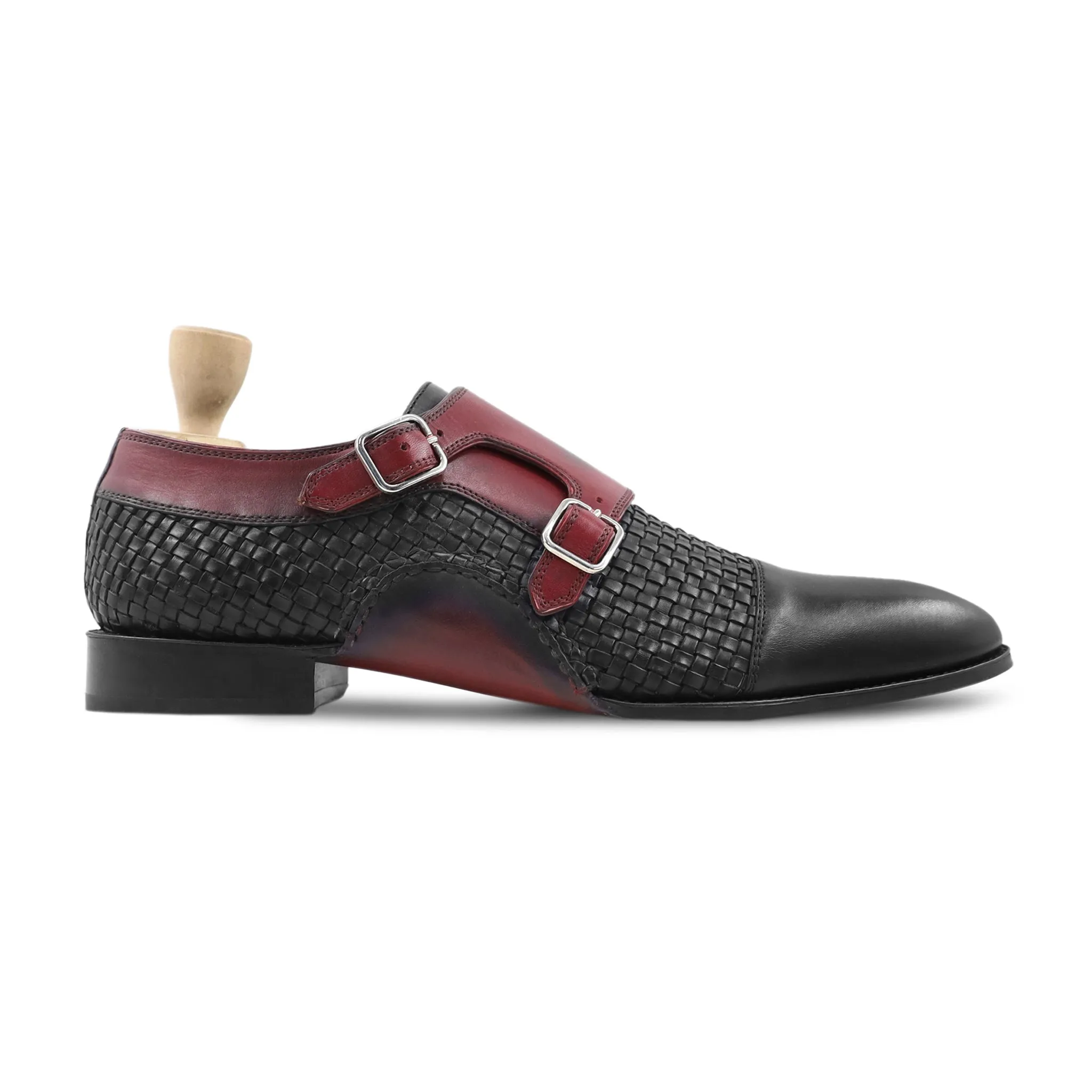 Upplands - Men's Oxblood Calf and Black Hand Woven Double Monkstrap