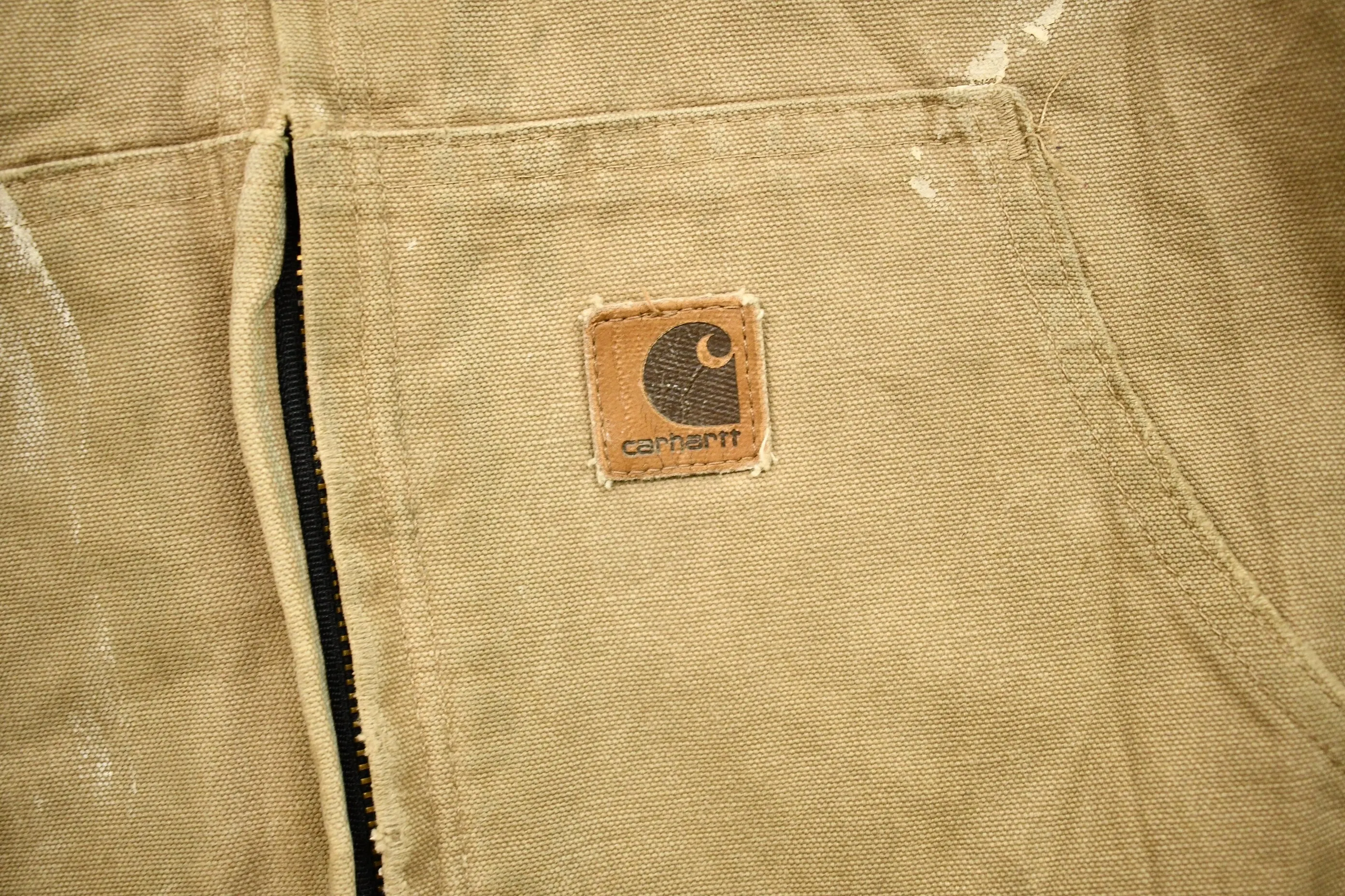 Vintage 1990s Carhartt Hooded Work Jacket / Workwear / Streetwear / Lined Jacket / Distressed Carhartt / Tan Carhartt Jacket