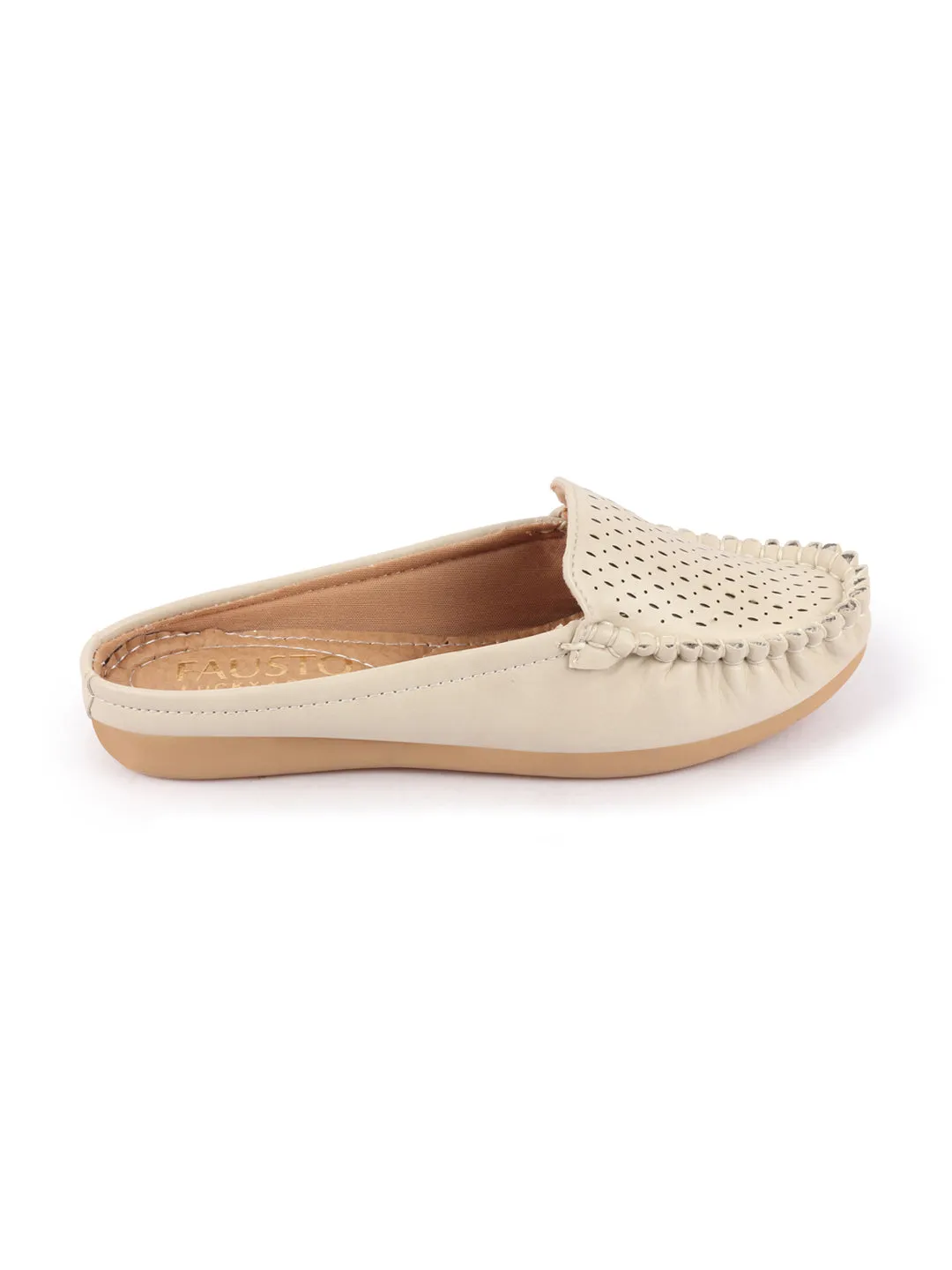 Women Cream Side Stitched Laser Cut Design Back Open Slip On Mules Shoes