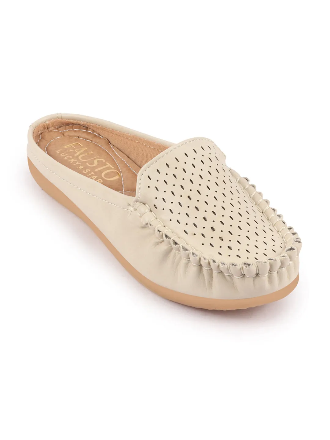 Women Cream Side Stitched Laser Cut Design Back Open Slip On Mules Shoes